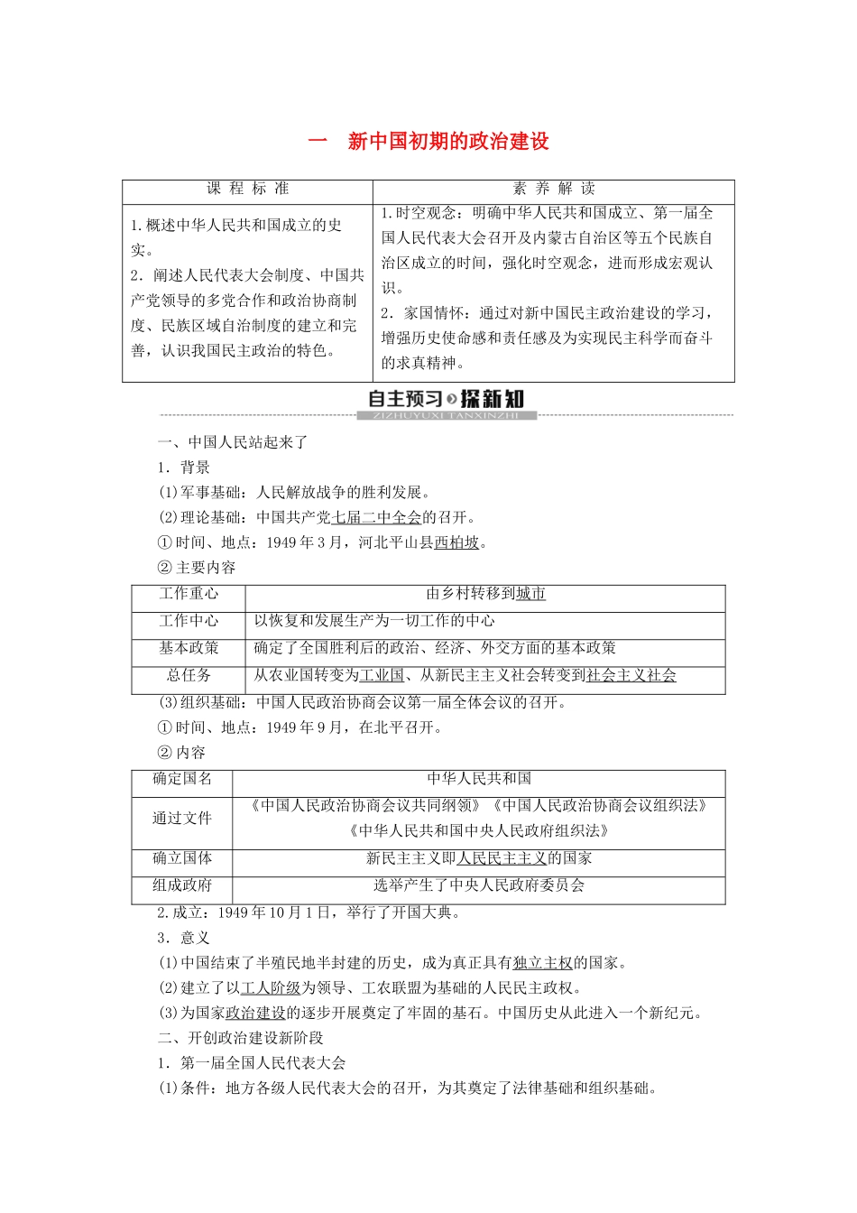 高中历史 专题4 现代中国的政治建设与祖国统一 1 新中国初期的政治建设学案 人民版必修1-人民版高一必修1历史学案_第1页