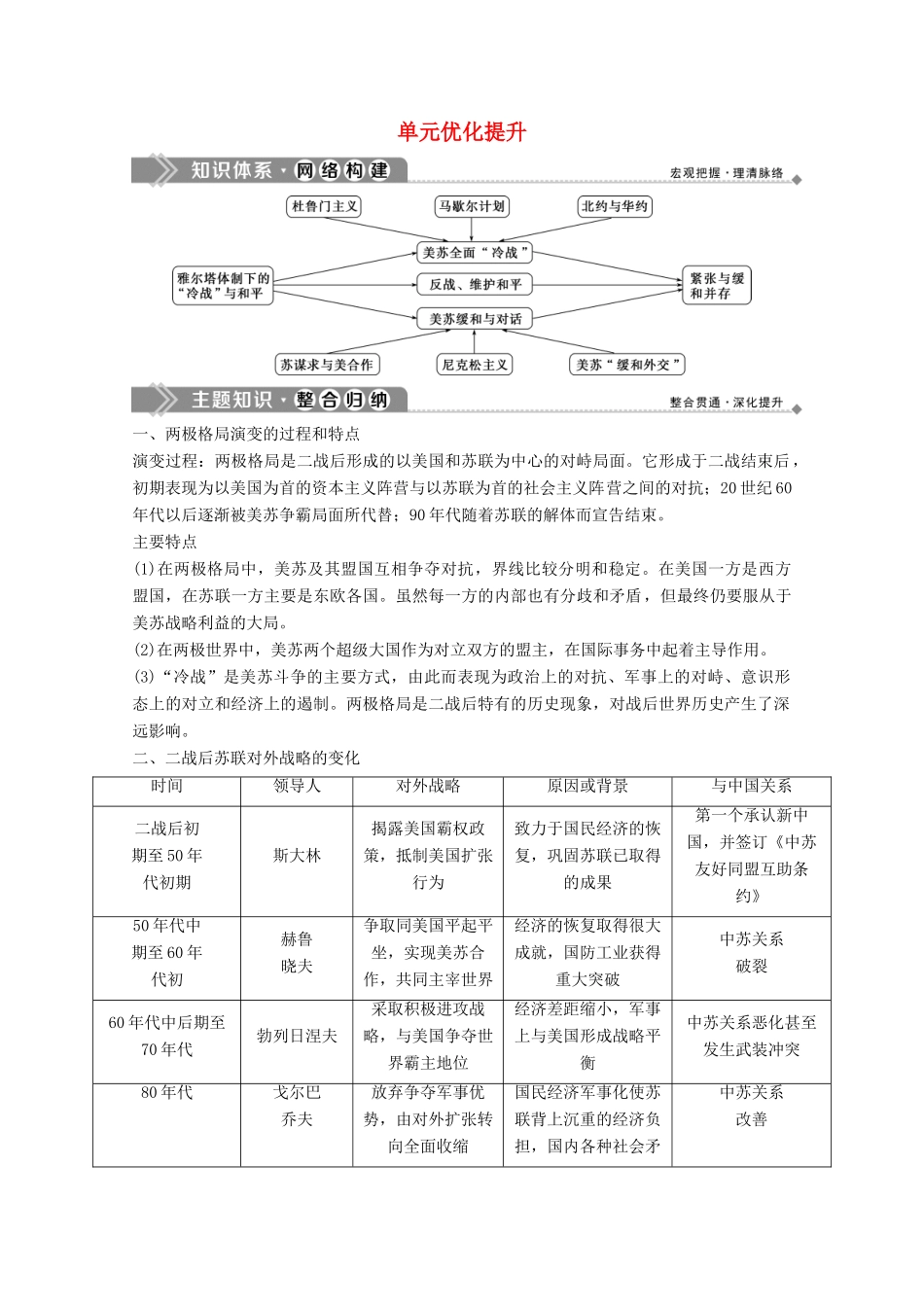 高中历史 第四单元 雅尔塔体制下的“冷战”与和平单元优化提升学案 岳麓版选修3-岳麓版高二选修3历史学案_第1页