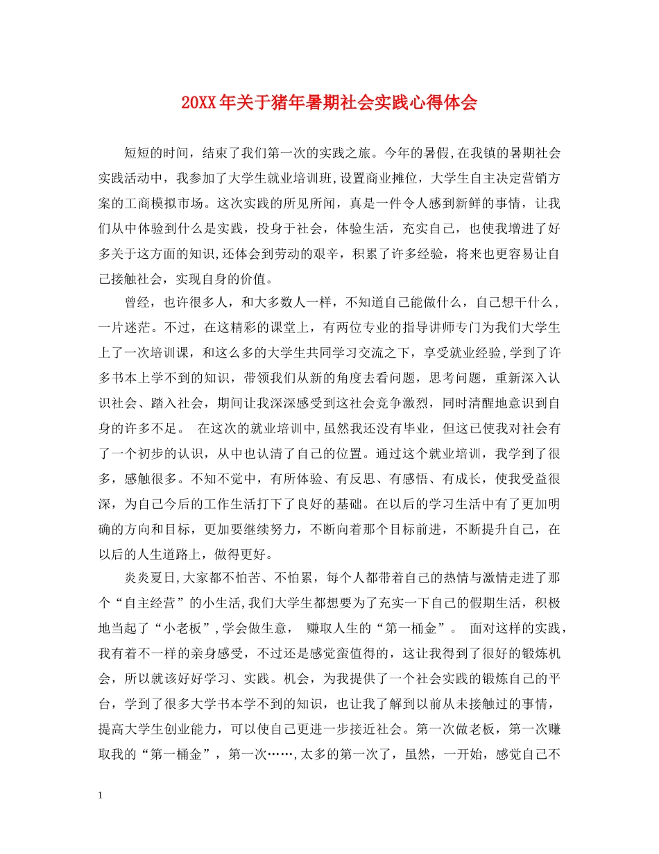 20XX年关于猪年暑期社会实践心得体会 _第1页