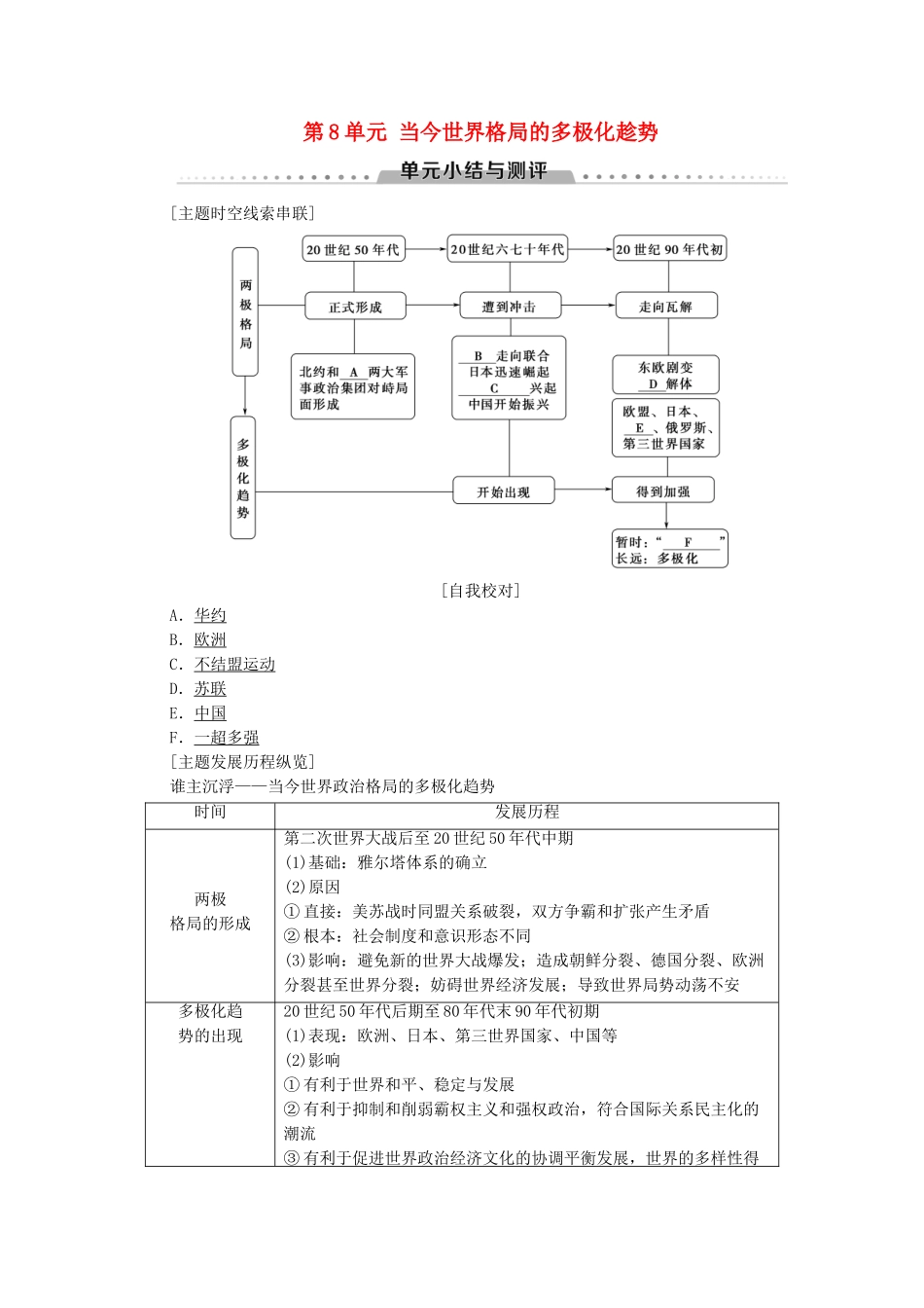 高中历史 第8单元 当今世界格局的多极化趁势单元小结与测评学案 新人教版必修1-新人教版高一必修1历史学案_第1页