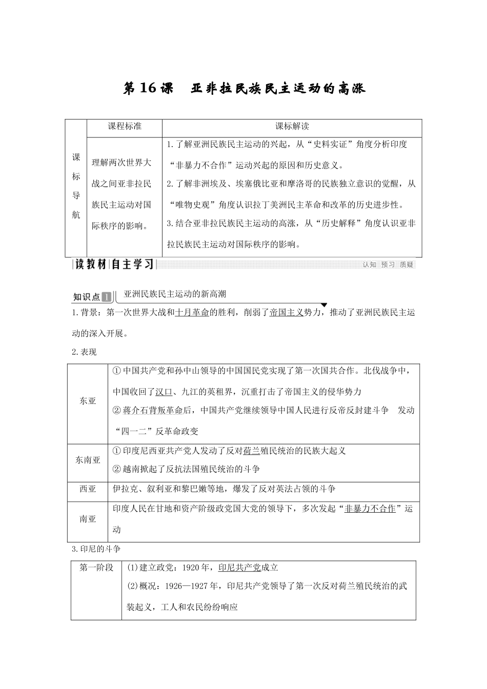 高中历史 第七单元 两次世界大战、十月革命与国际秩序的演变 第16课 亚非拉民族民主运动的高涨导学案 新人教版必修《中外历史纲要下》-新人教版高一必修历史学案_第1页