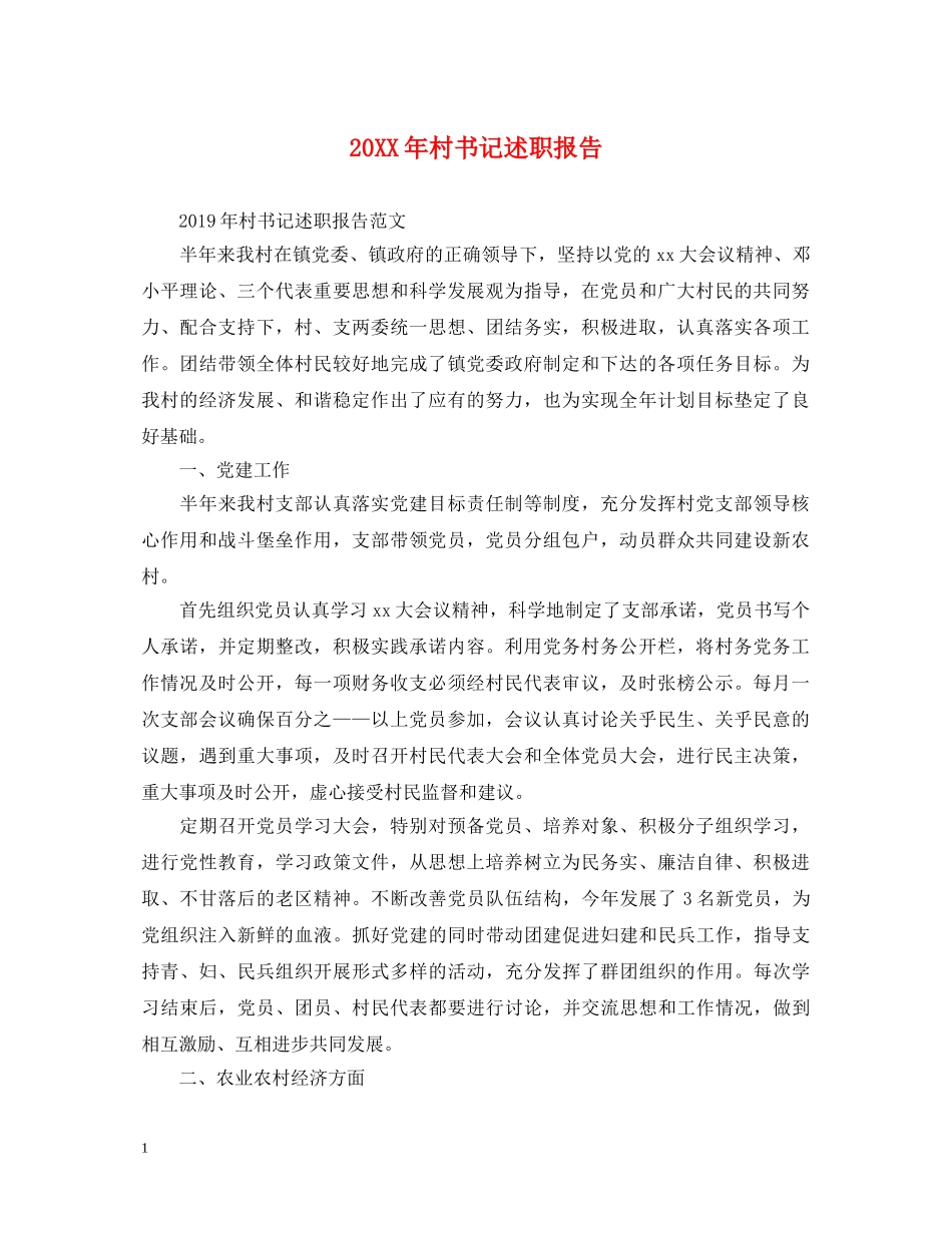 20XX年村书记述职报告 (000001)_第1页