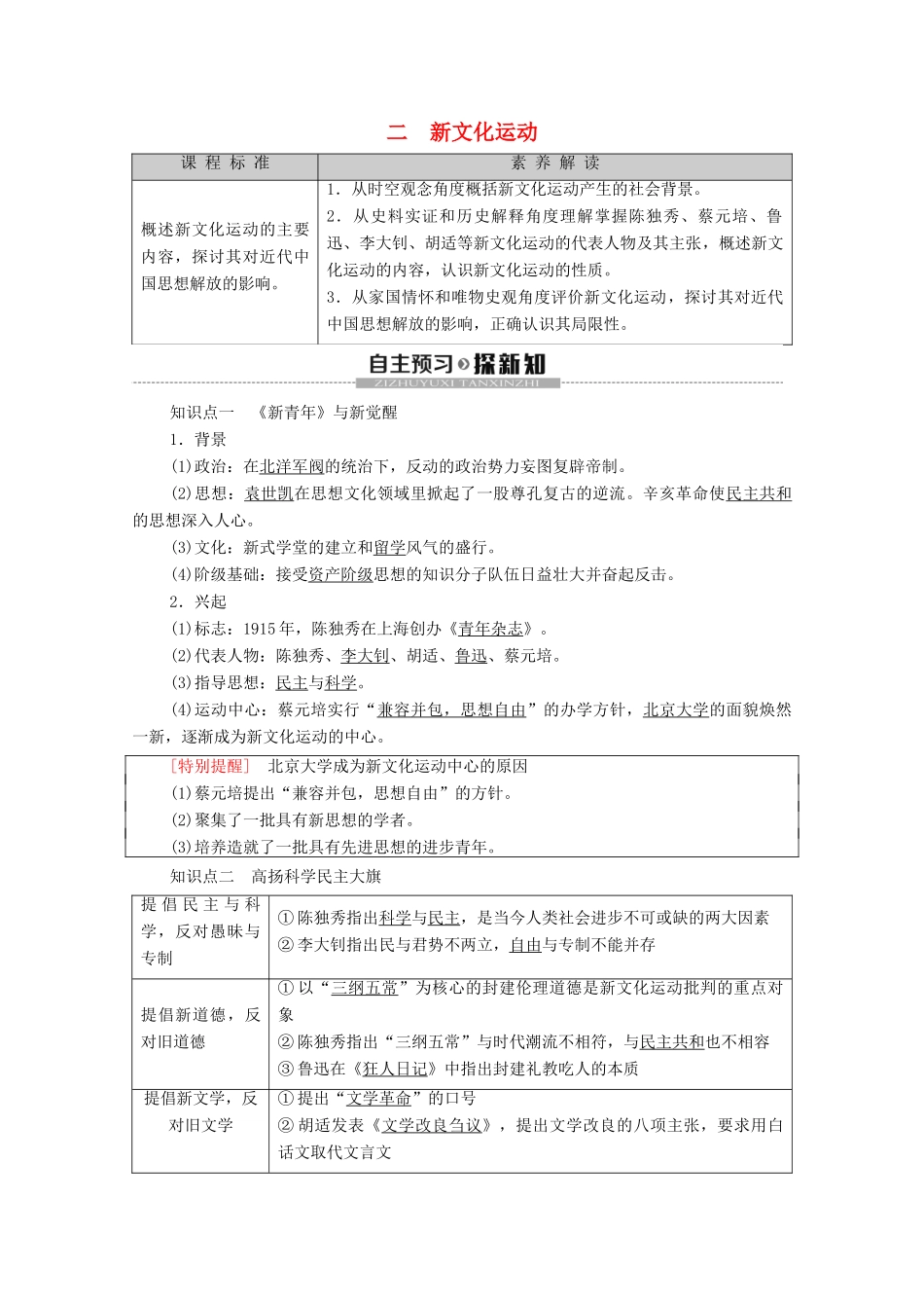 高中历史 专题3 近代中国思想解放的潮流 2 新文化运动学案 人民版必修3-人民版高二必修3历史学案_第1页