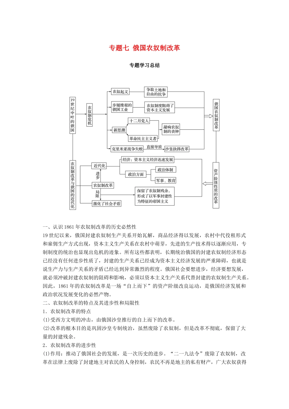 高中历史 专题七 俄国农奴制改革专题学习总结学案 人民版选修1-人民版高二选修1历史学案_第1页