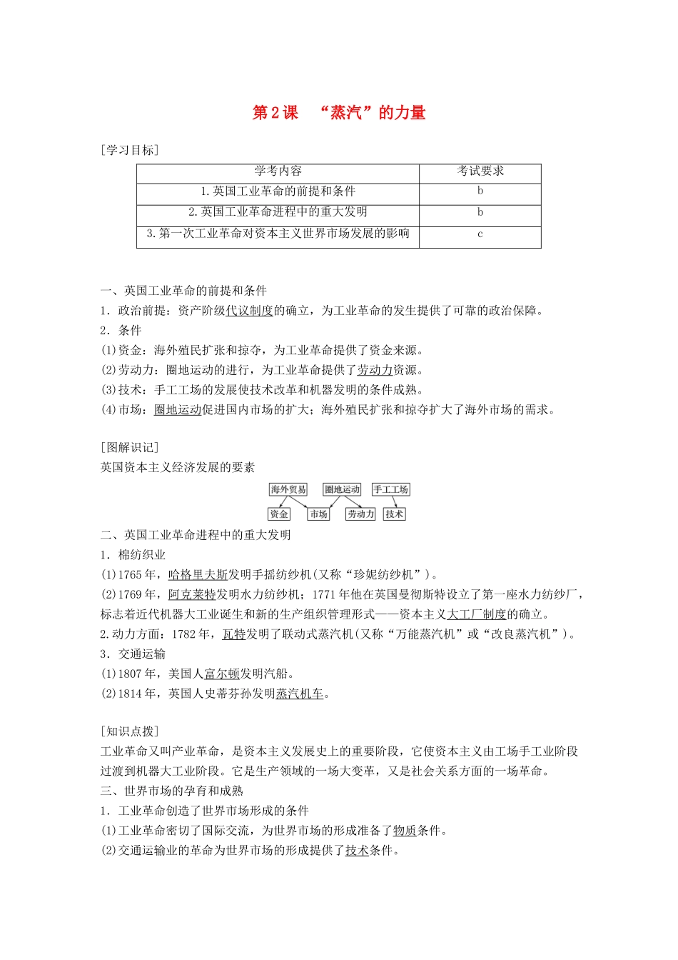 高中历史 专题五 走向世界的资本主义市场 第2课“蒸汽”的力量学案 人民版必修2-人民版高一必修2历史学案_第1页