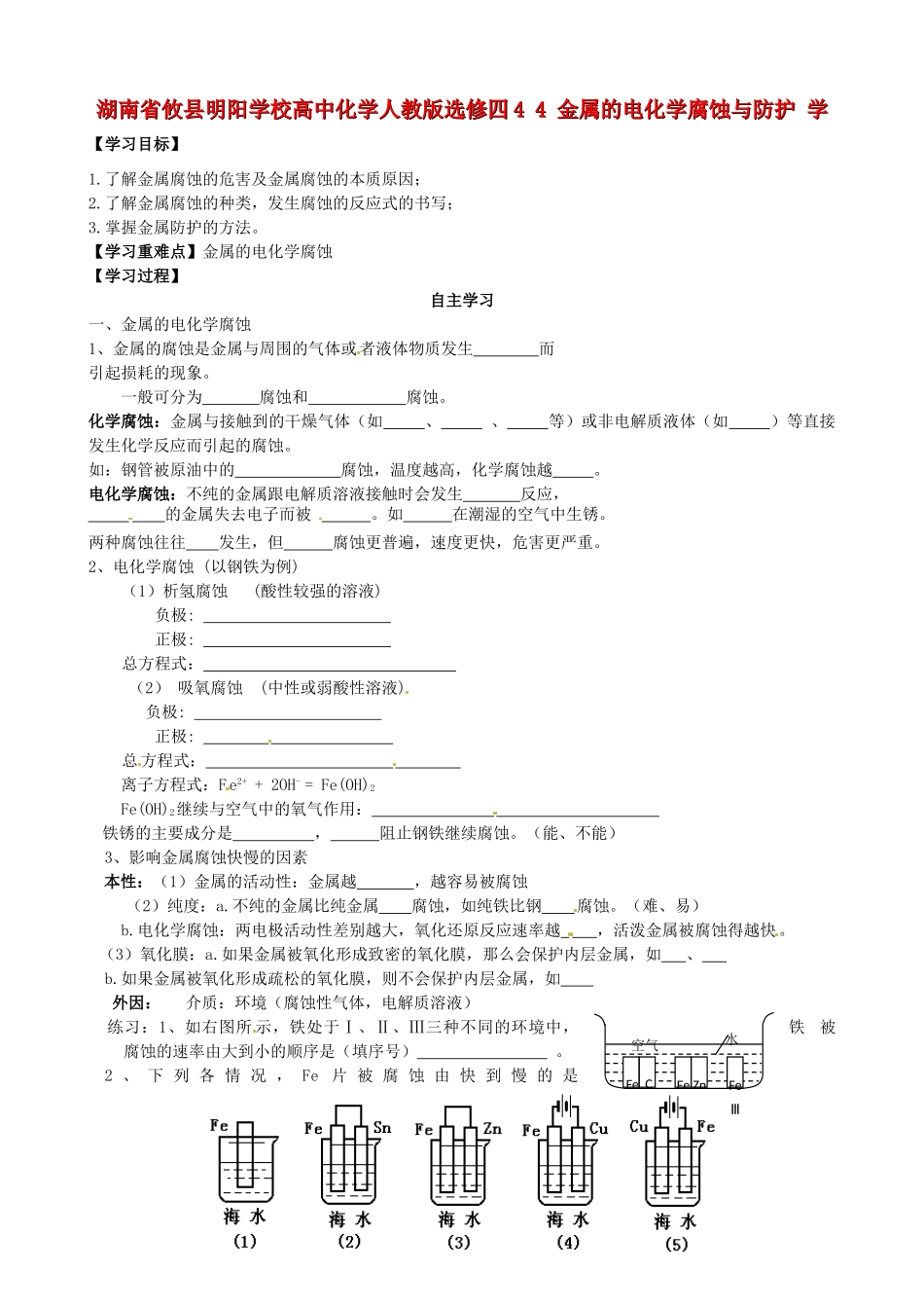 湖南省攸县明阳学校高中化学 金属的电化学腐蚀与防护学 新人教版选修4_第1页