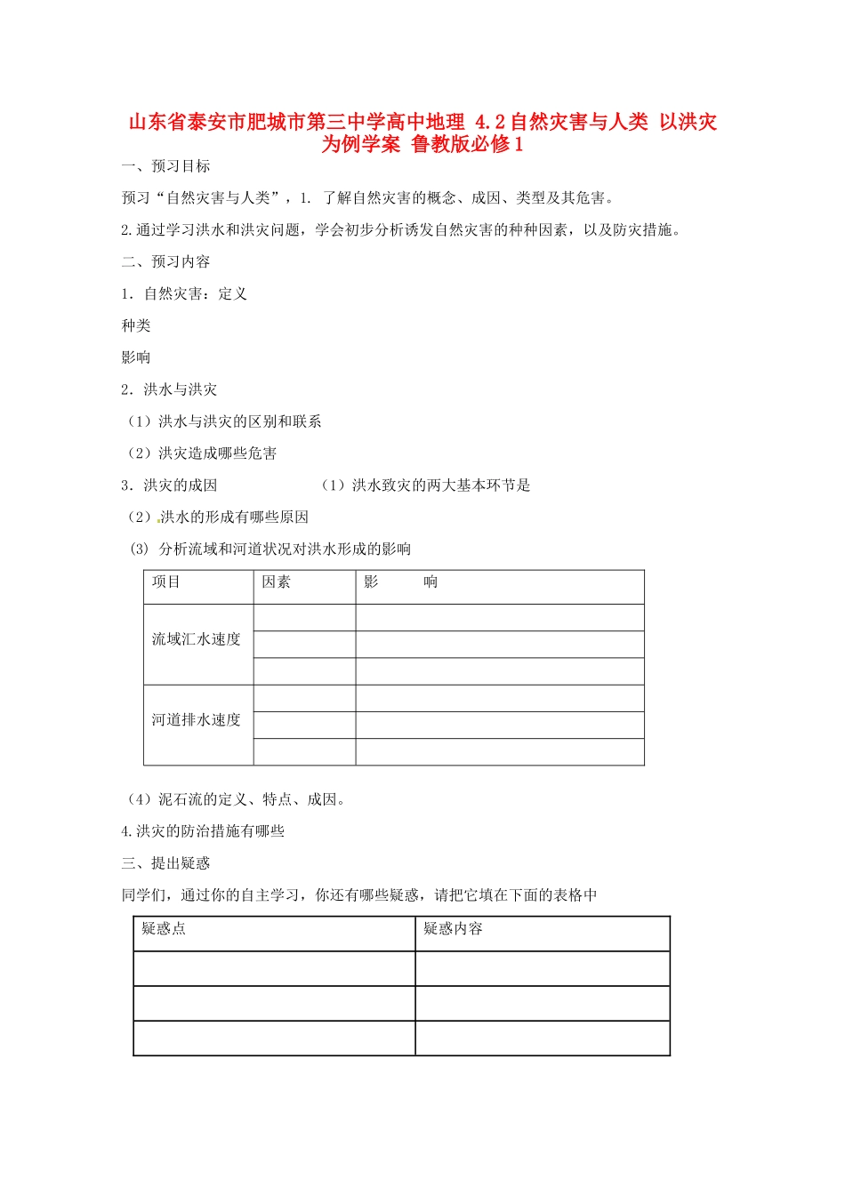 山东省泰安市肥城市第三中学高中地理 4.2自然灾害与人类 以洪灾为例学案 鲁教版必修1_第1页