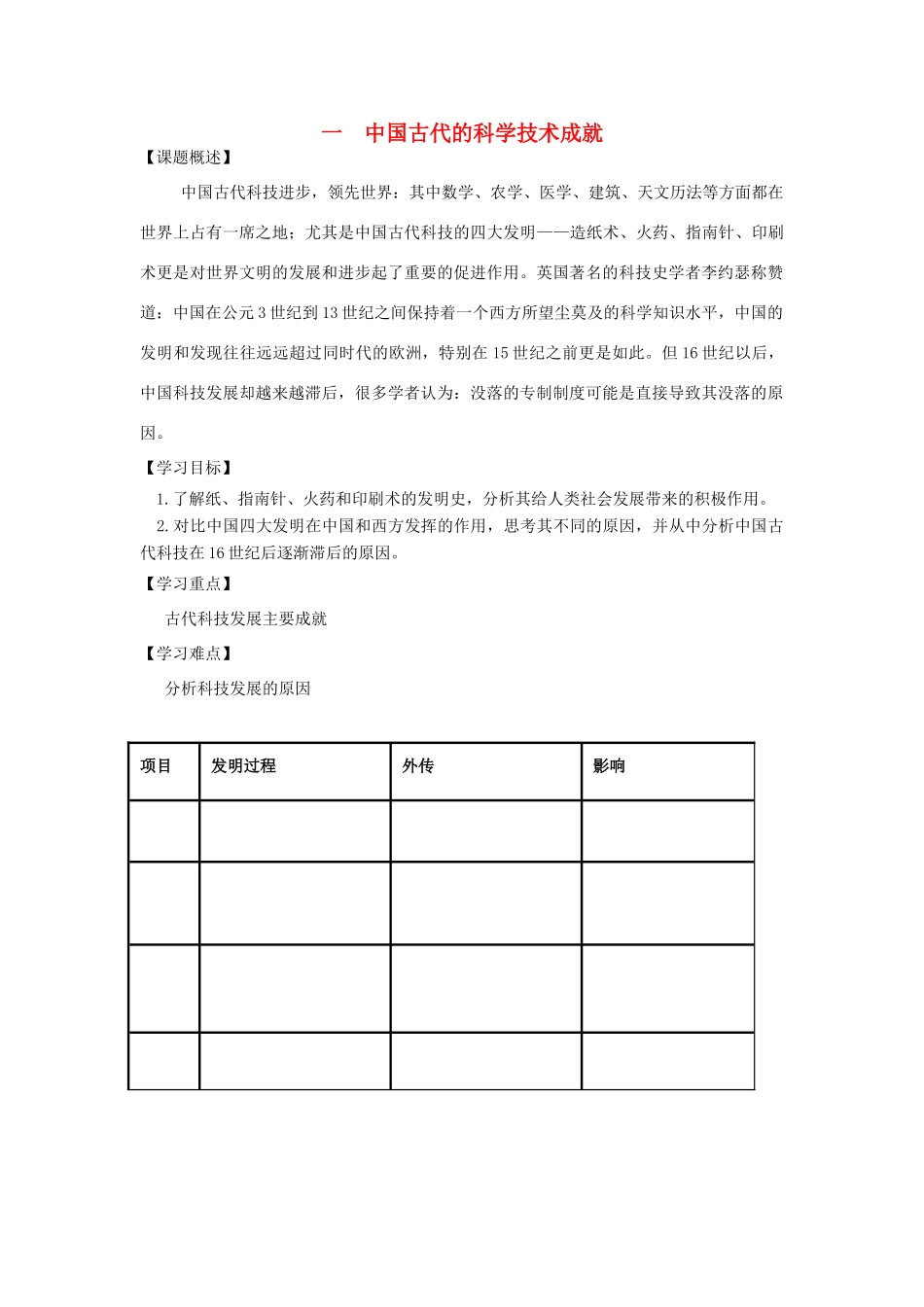 高中历史 专题二 古代中国的科学技术与文化 一 中国古代的科学技术成就学案 人民版必修3-人民版高二必修3历史学案_第1页
