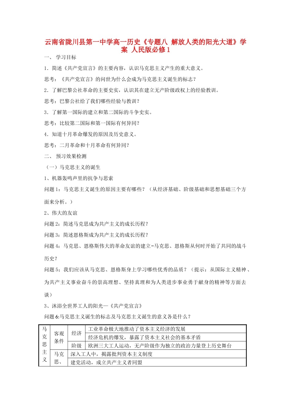 云南省陇川县第一中学高中历史《专题八 解放人类的阳光大道》学案 人民版必修1_第1页