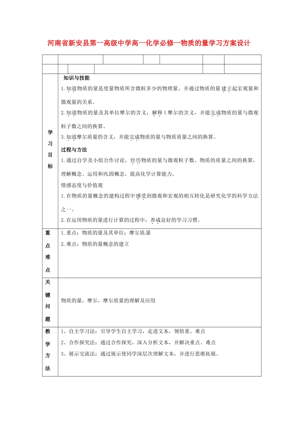 河南省新安县第一高级中学高中化学 物质的量学习方案设计 新人教版必修1_第1页