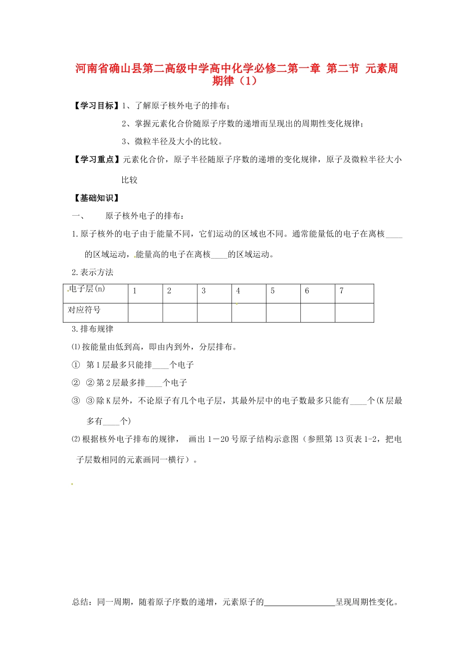 河南省确山县第二高级中学高中化学 第一章 第二节 元素周期律（1）学案 新人教版必修2_第1页