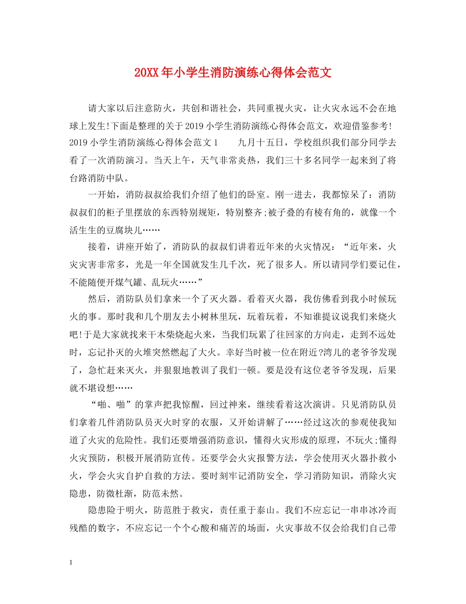 20XX年小学生消防演练心得体会范文 _第1页