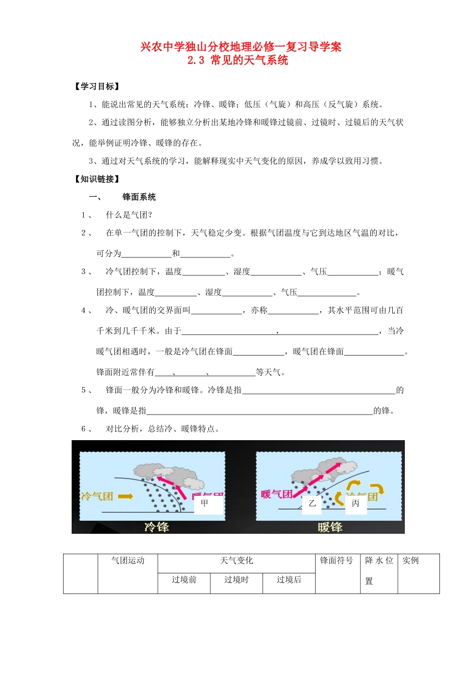 贵州省独山县兴农中学独山分校高中地理 2.3 常见的天气系统复习导学案 新人教版必修1_第1页