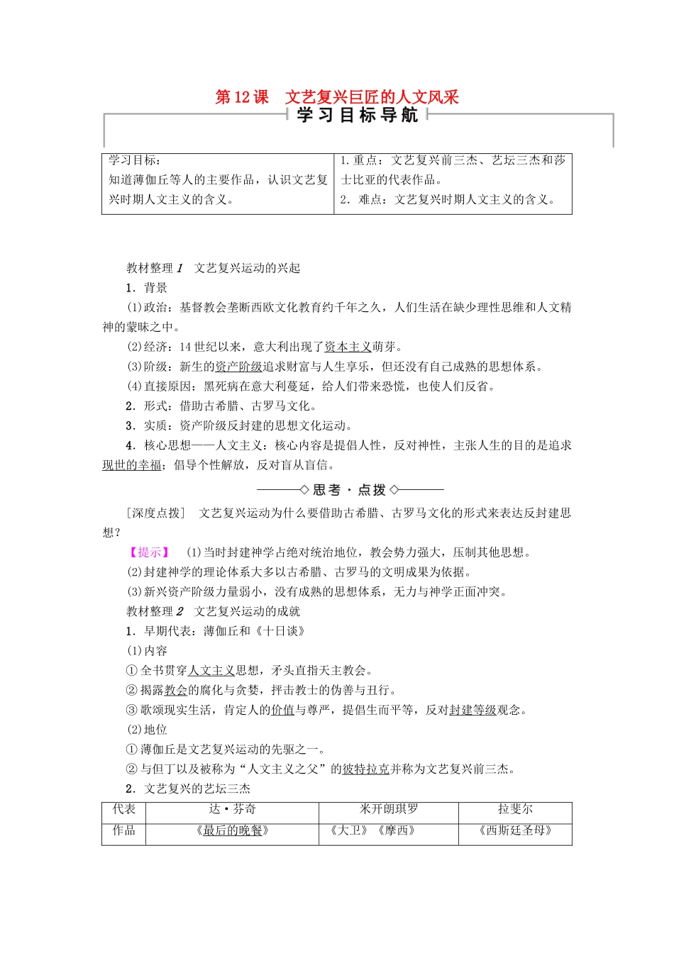 高中历史 第3单元 从人文精神之源到科学理性时代 第12课 文艺复兴巨匠的人文风采学案 岳麓版必修3-岳麓版高二必修3历史学案_第1页