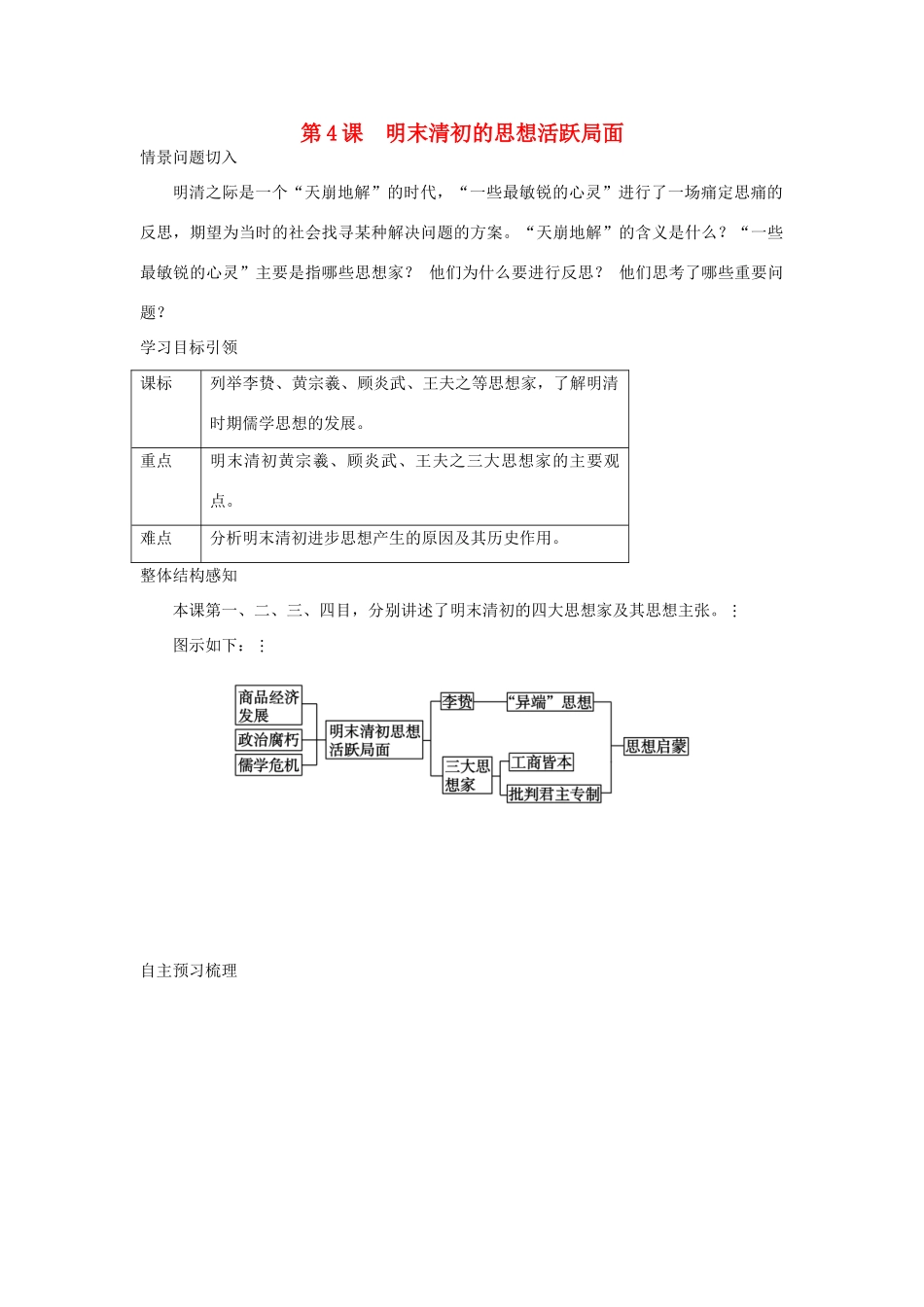 高中历史 专题1 第4课 明末清初的思想活跃局面导学案 人民版必修3_第1页