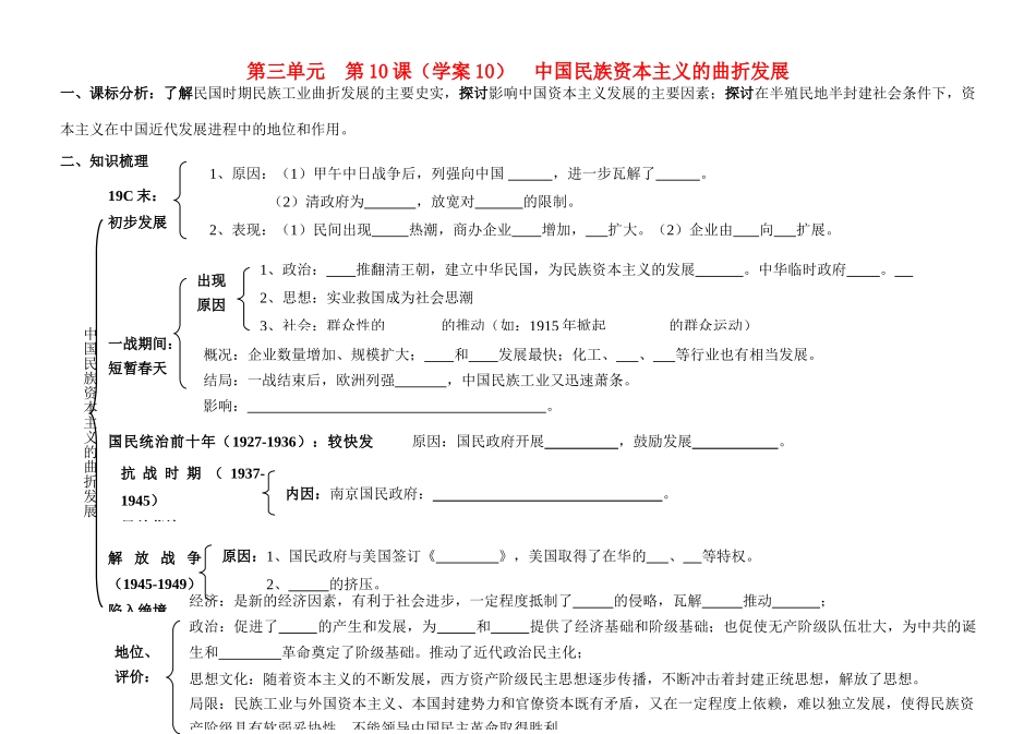 江苏省溧阳市高中历史 第10课 中国民族资本主义的曲折发展学案 新人教版必修2_第1页