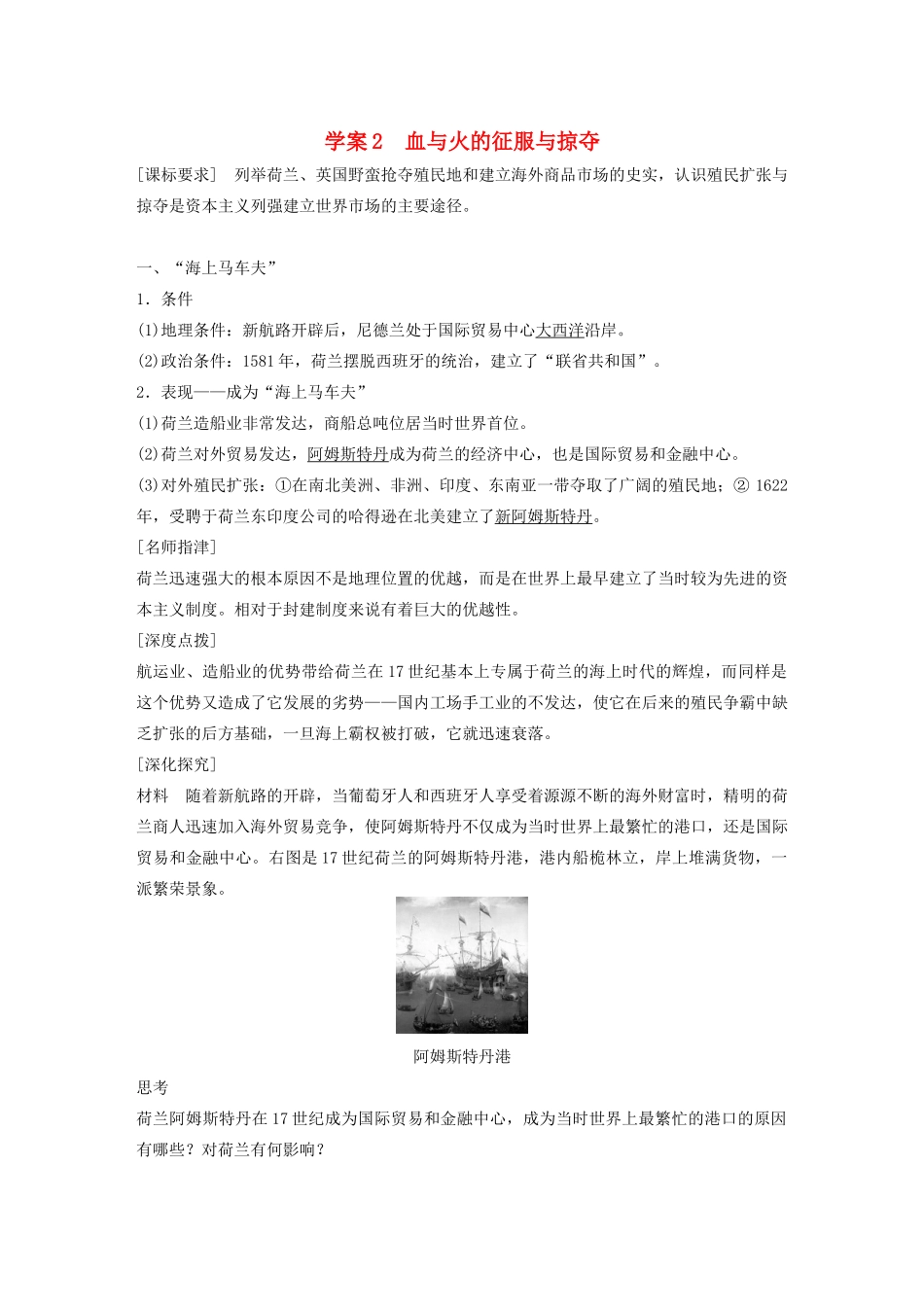 高中历史 专题五 走向世界的资本主义市场 课时2 血与火的征服与掠夺学案 人民版必修2-人民版高一必修2历史学案_第1页