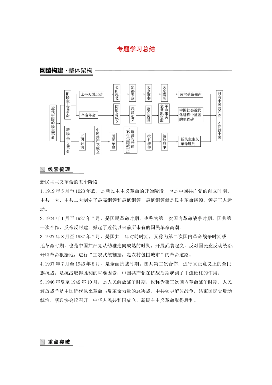 高中历史 专题三 近代中国的民主革命专题学习总结学案（含解析）人民版必修1-人民版高一必修1历史学案_第1页