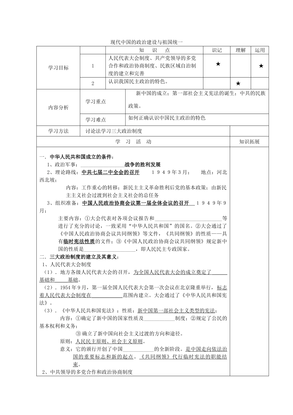 河北省高碑店市第三中学高一历史 初高中衔接课程 新中国初期的政治建设导学案导学案 _第1页