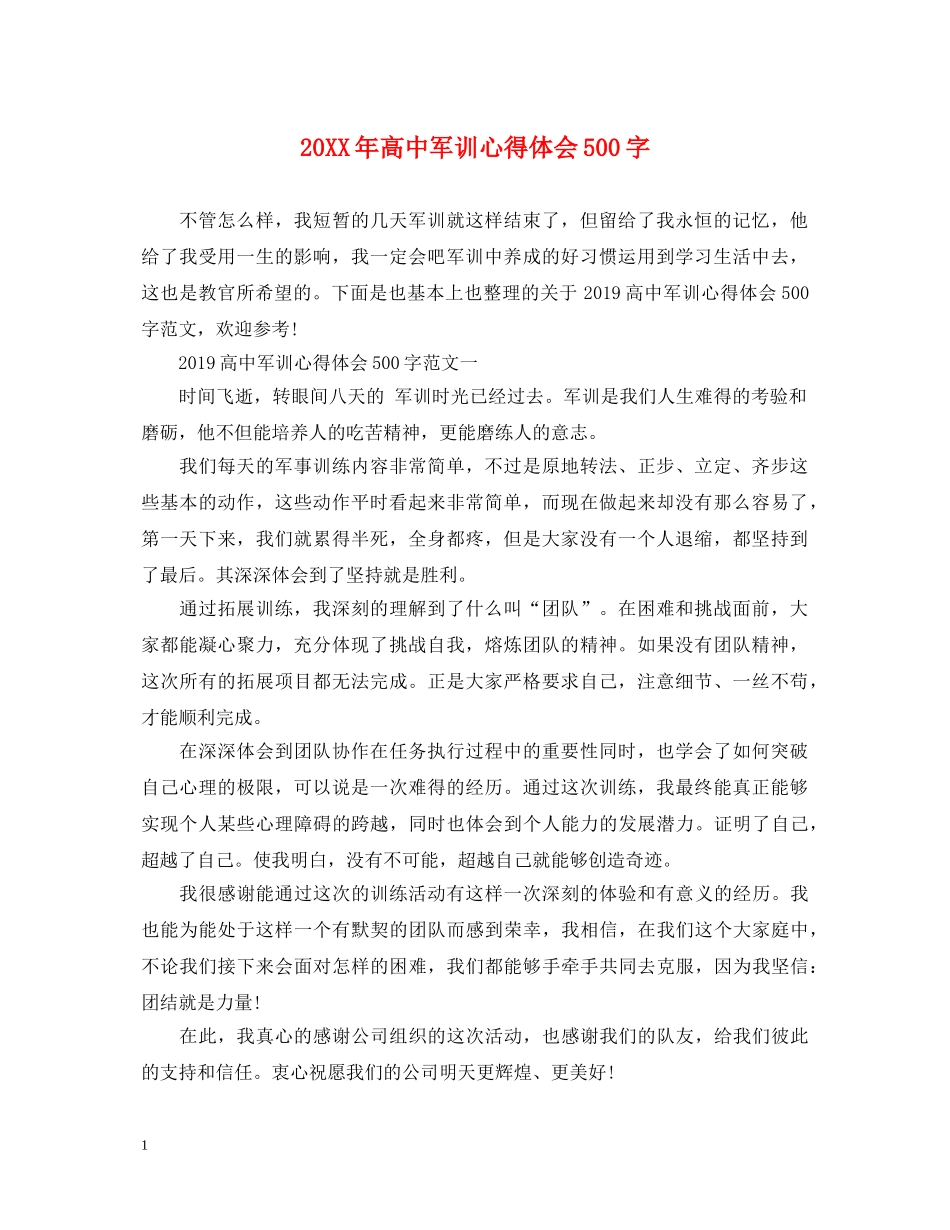 20XX年高中军训心得体会500字 _第1页