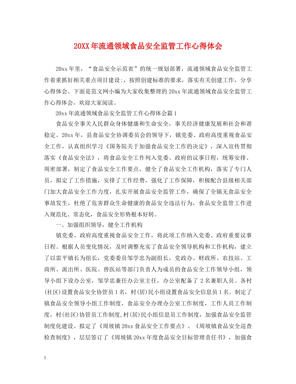 20XX年流通领域食品安全监管工作心得体会 _第1页
