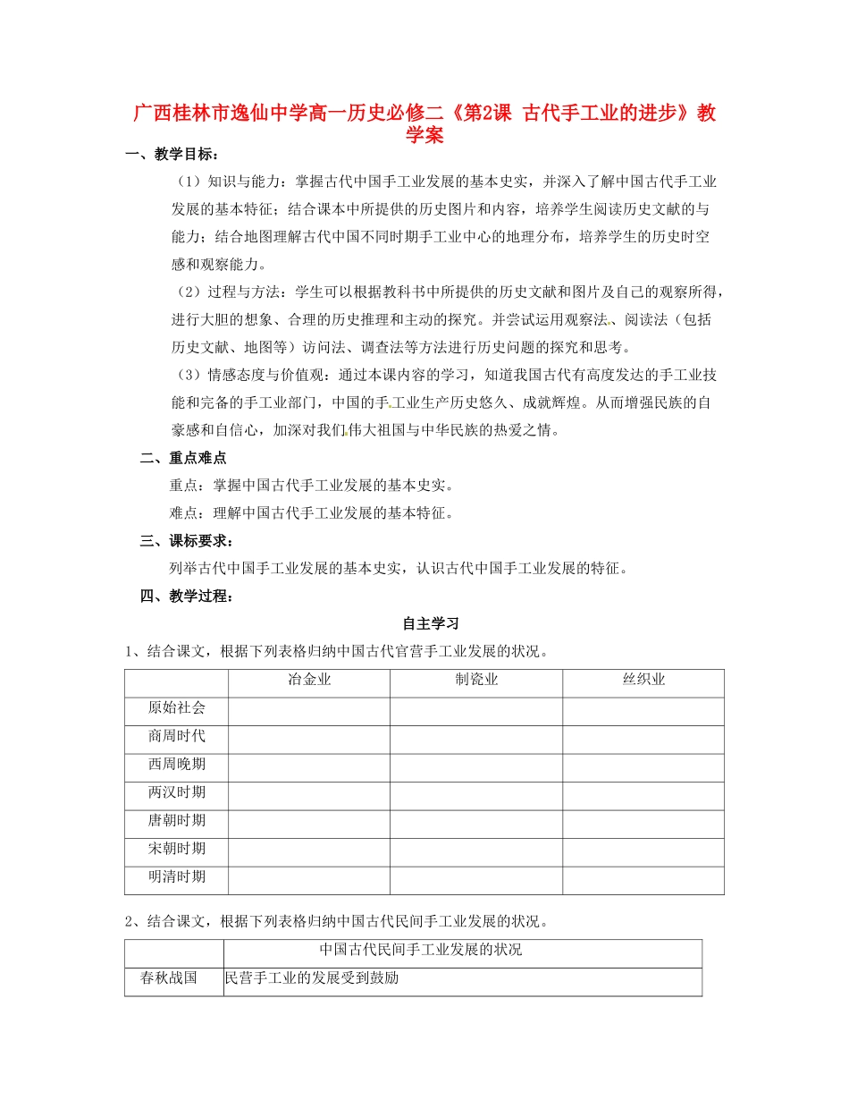 广西桂林市逸仙中学高中历史《第2课 古代手工业的进步》教学案 新人教版必修2_第1页