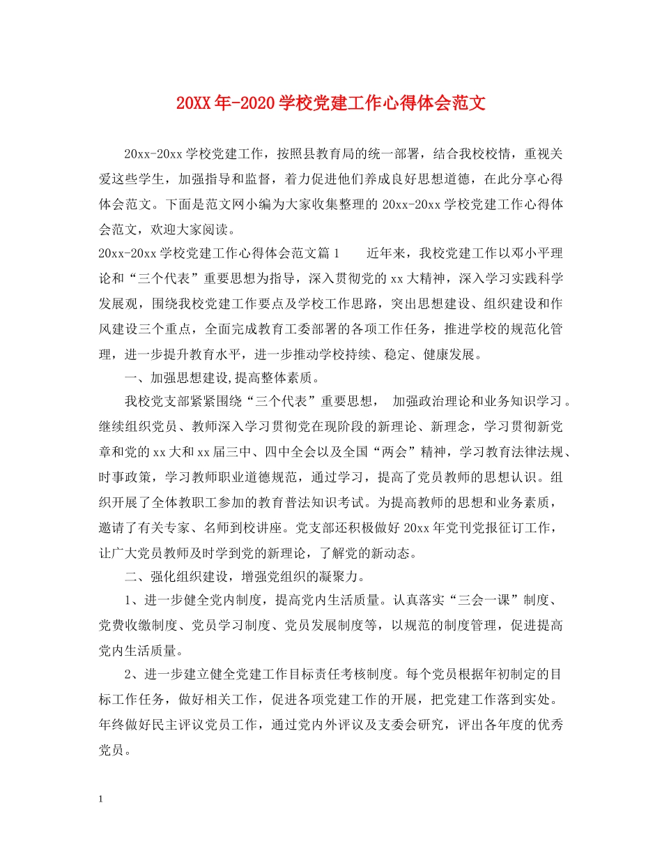 20XX年-2024学校党建工作心得体会范文 _第1页