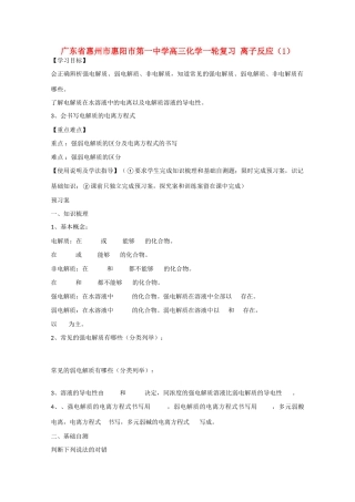 广东省惠州市惠阳市第一中学高三化学一轮复习 离子反应（1） 
