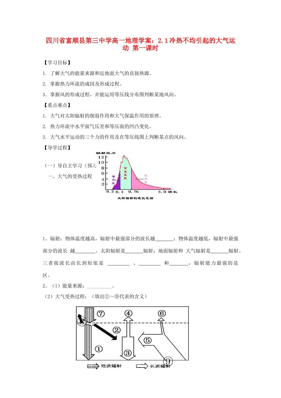 四川省富顺县第三中学高一地理 2.1冷热不均引起的大气运动 第一课时学案_第1页