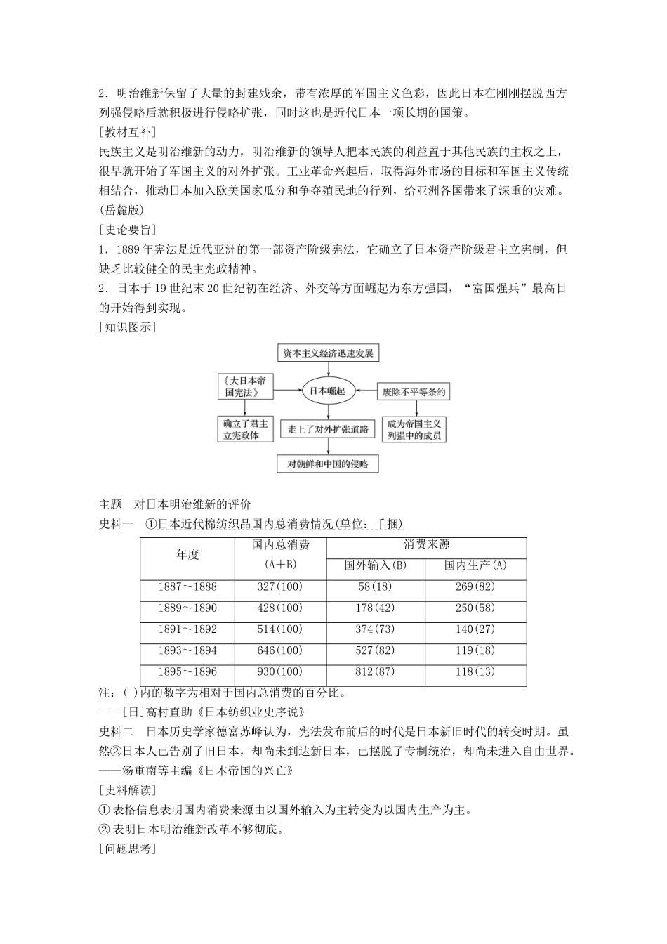高中历史 专题八 明治维新 第3课 迅速崛起的日本学案 人民版选修1-人民版高二选修1历史学案_第3页