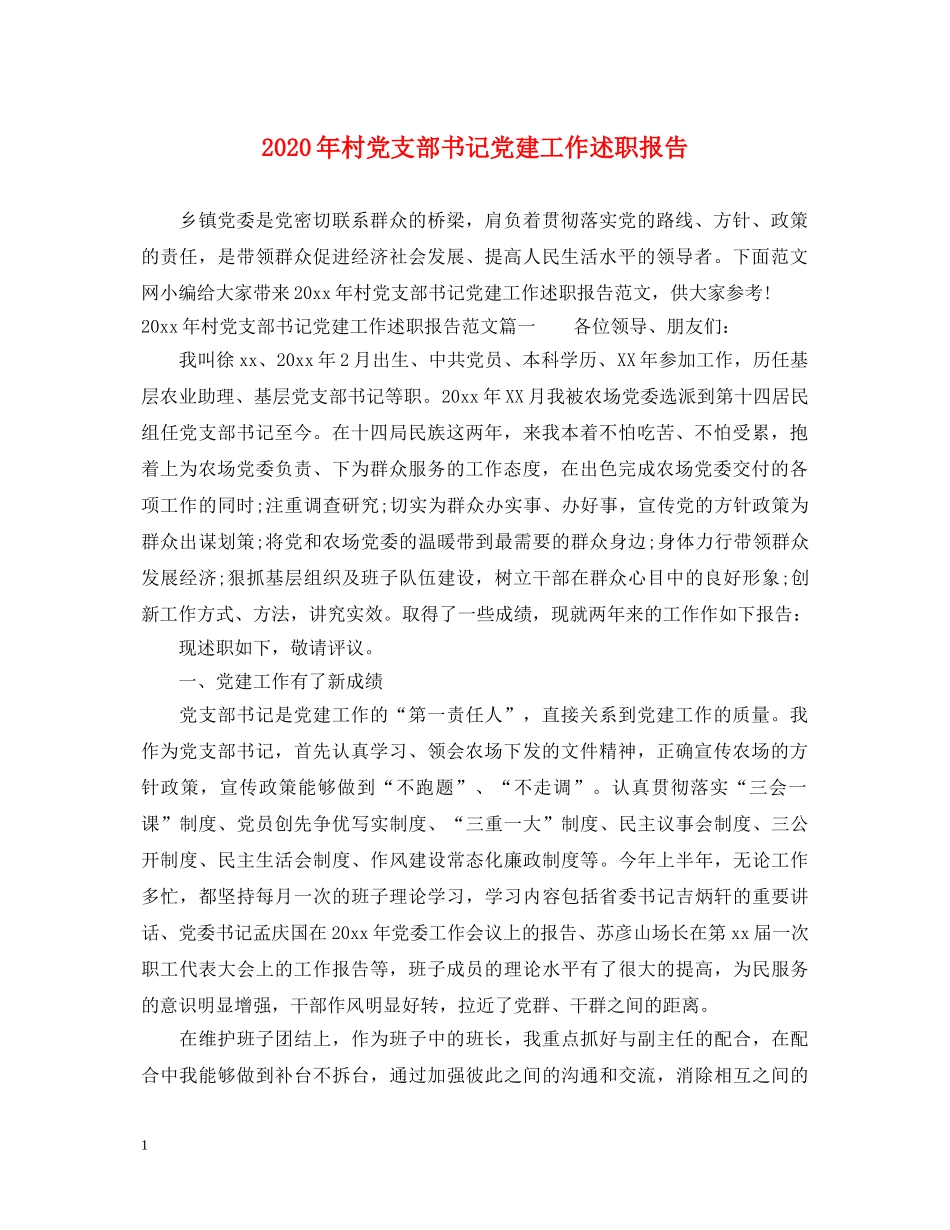 2024年村党支部书记党建工作述职报告 _第1页