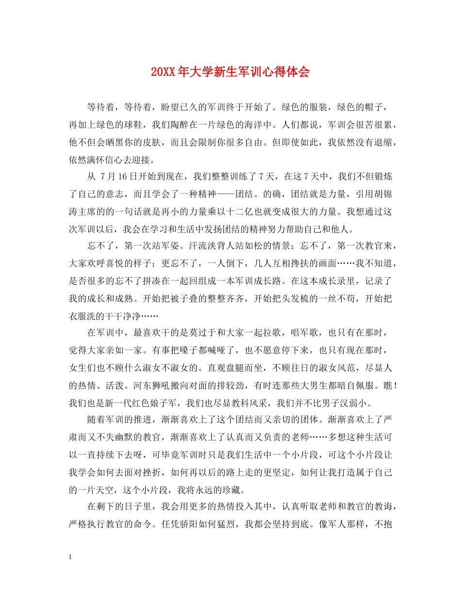 20XX年大学新生军训心得体会 (000001)_第1页