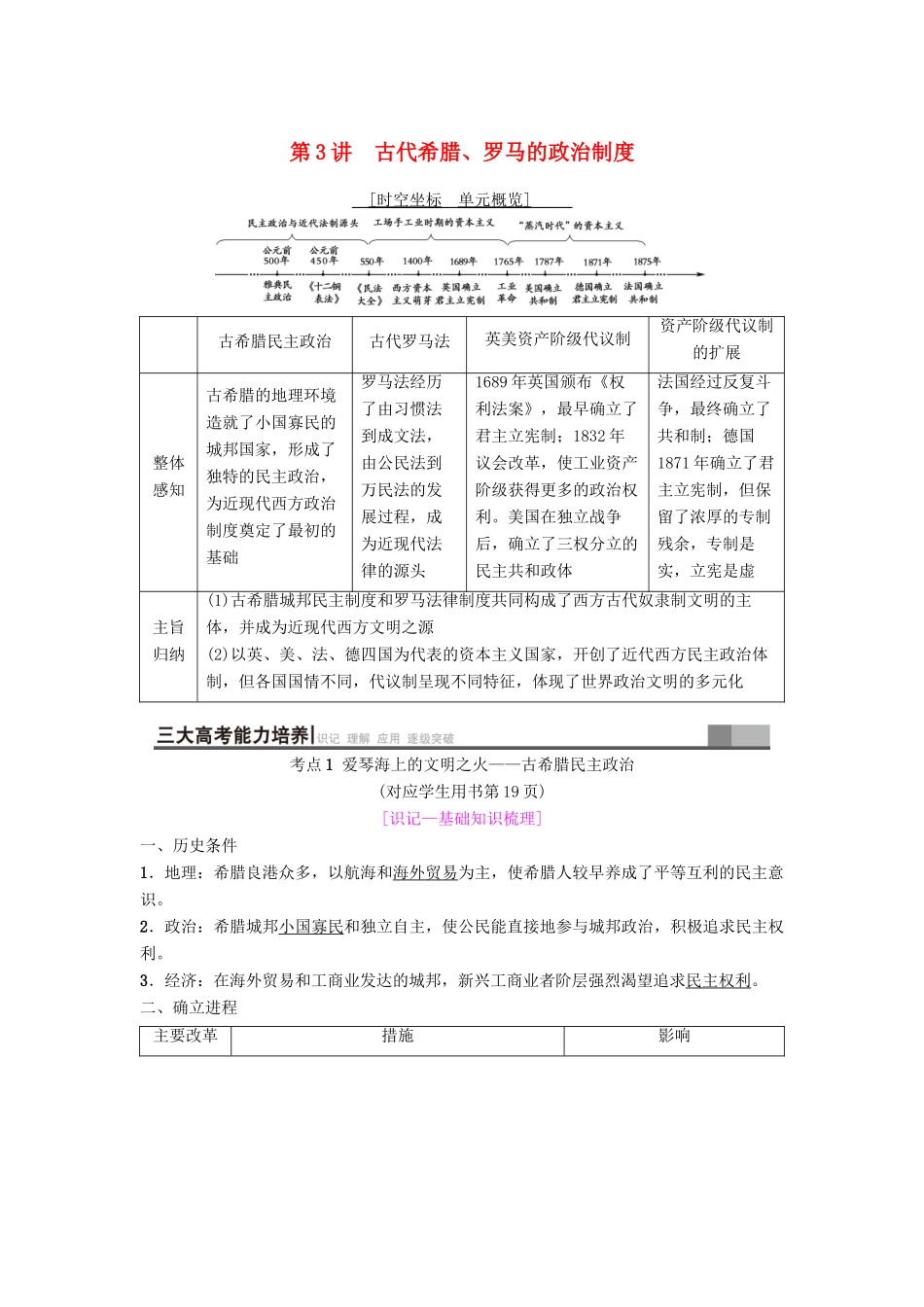 海南省高考历史一轮总复习 模块一 政治成长历程 第2单元 西方的政治制度 第3讲 古代希腊、罗马的政治制度学案-人教版高三全册历史学案_第1页