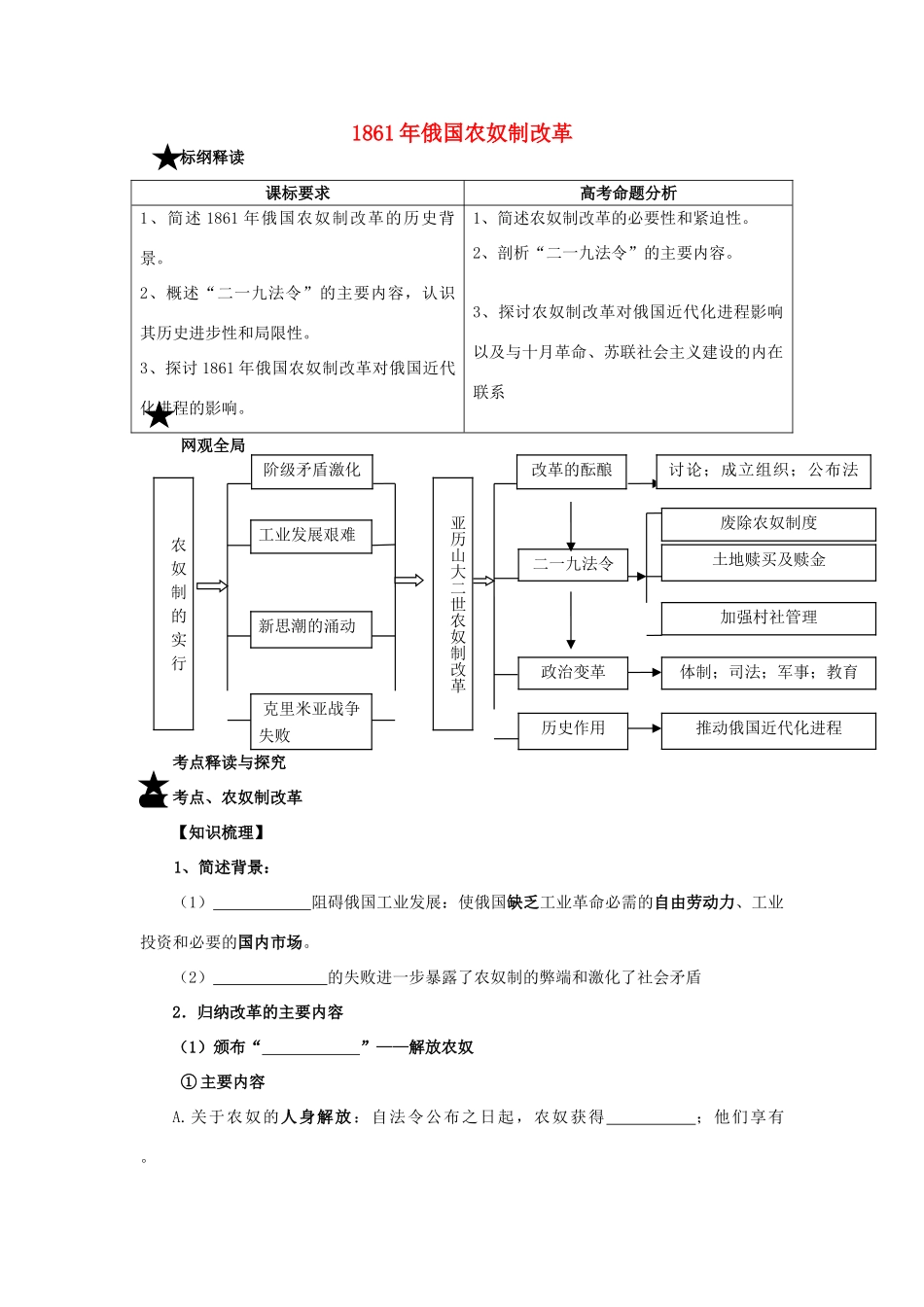 广东省华南师大附中汕尾学校高中历史 1861年俄国农奴制改革导学案 文 新人教选修1_第1页