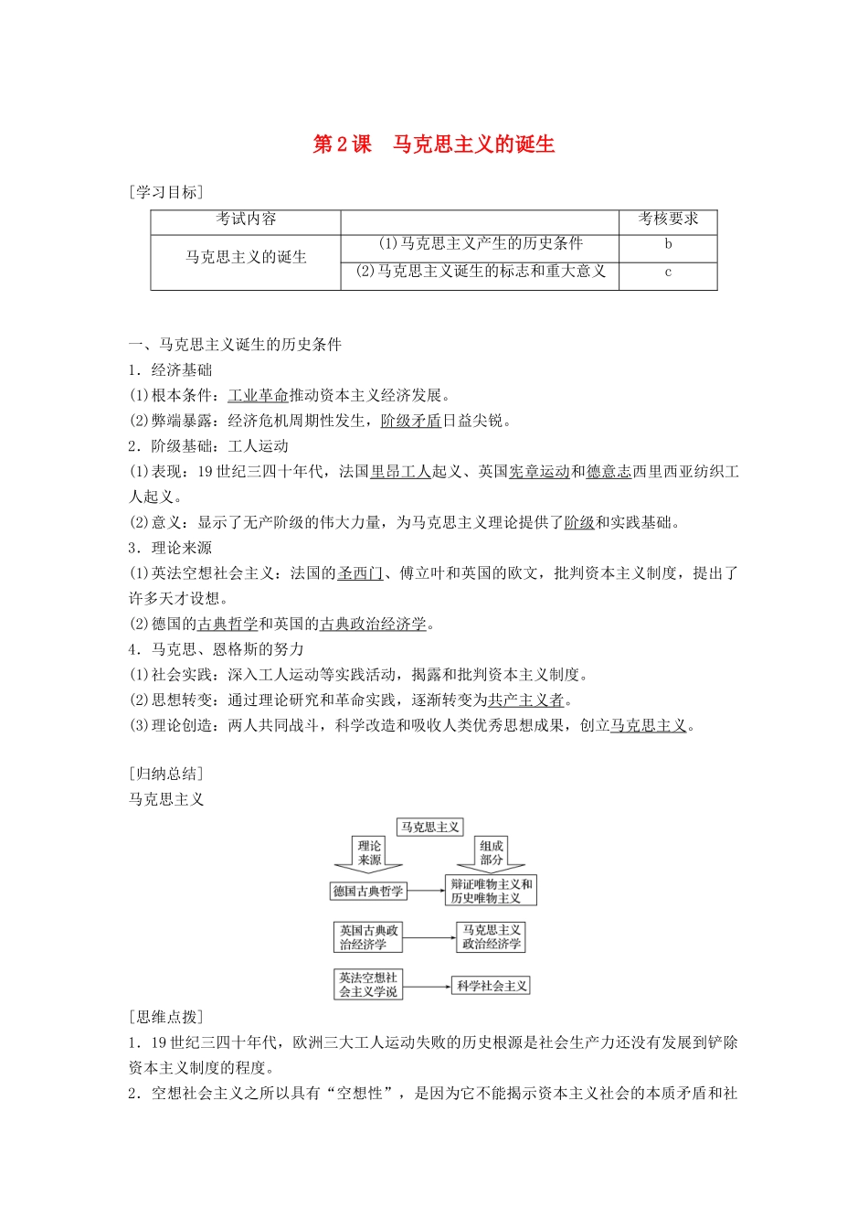 高中历史 专题七 近代西方民主政治的确立与发展和马克思主义的诞生 第2课 马克思主义的诞生学案 人民版必修1-人民版高一必修1历史学案_第1页