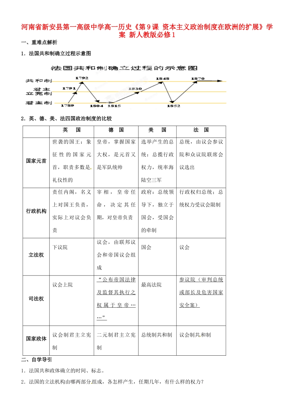 河南省新安县第一高级中学高中历史《第9课 资本主义政治制度在欧洲的扩展》学案 新人教版必修1_第1页