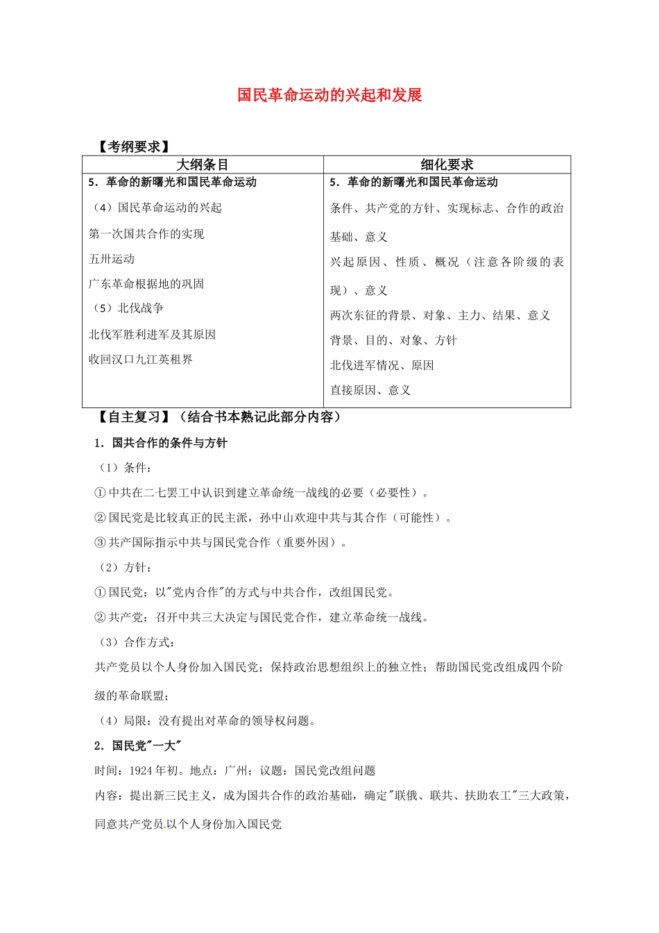 河北存瑞中学高三历史 考点20国民革命运动的兴起和发展（中国近现代史）复习学案 人教版_第1页