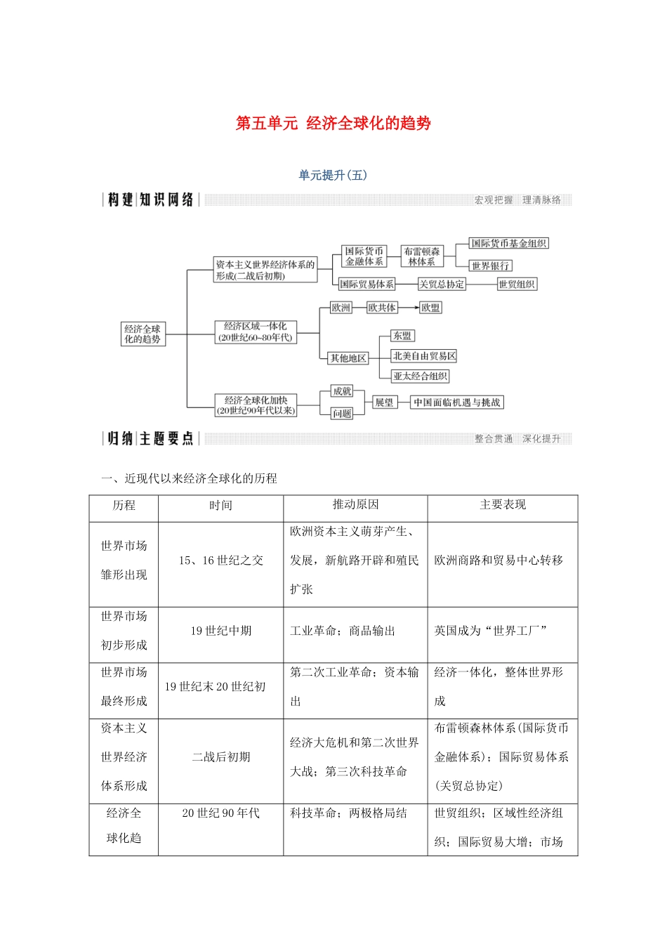 高中历史 第五单元 经济全球化的趋势单元提升（五）学案 岳麓版必修2-岳麓版高一必修2历史学案_第1页