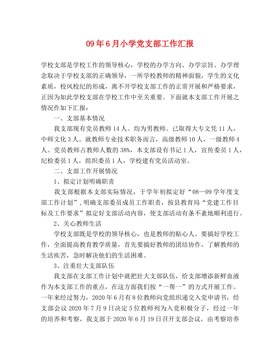 09年6月小学党支部工作汇报 _第1页