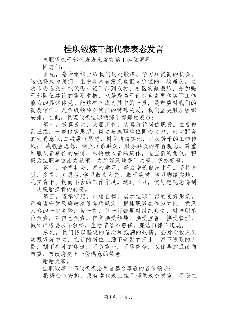 挂职锻炼干部代表表态发言稿_第1页