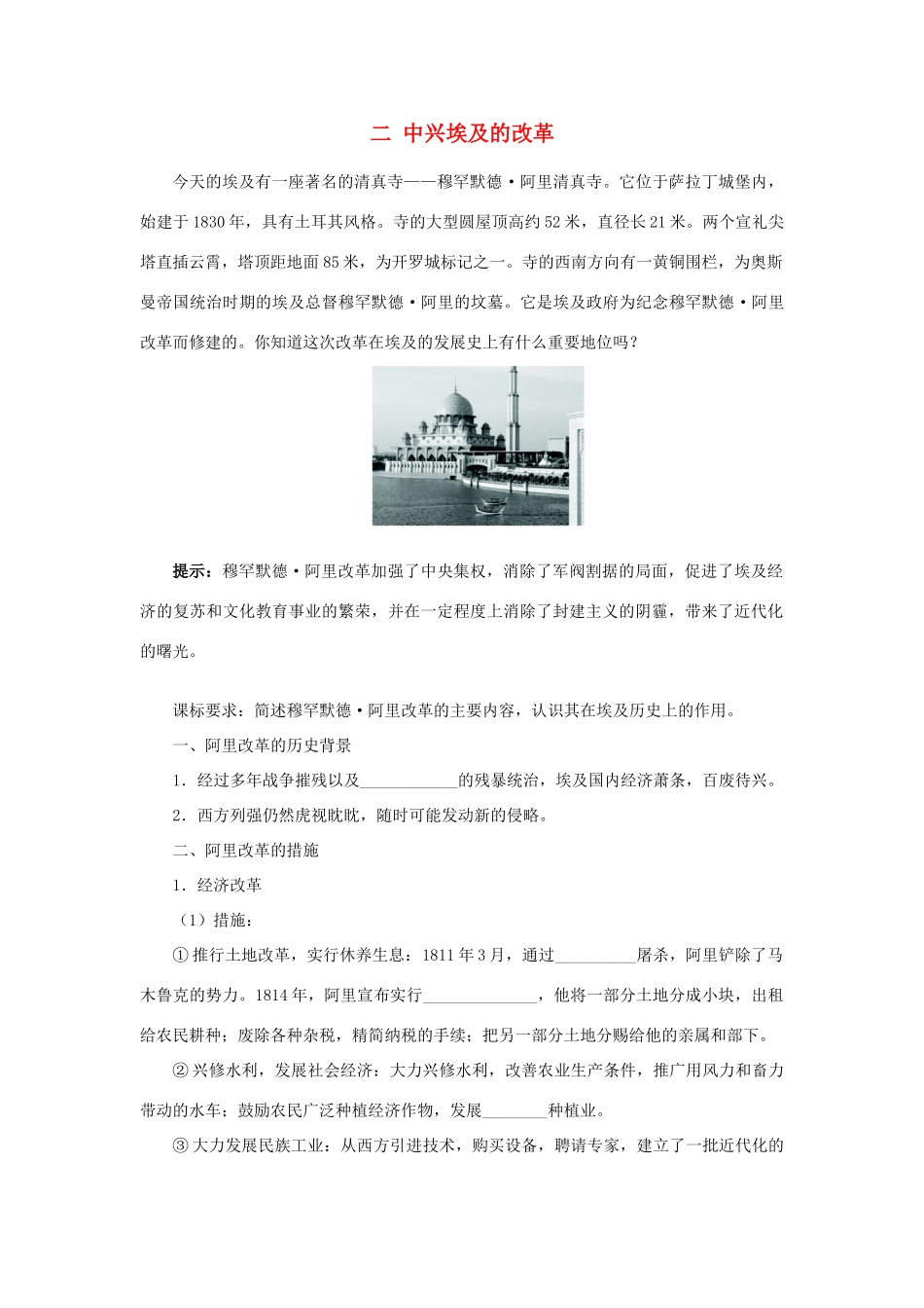 高中历史 专题六 穆罕默德阿里改革 二 中兴埃及的改革学案1 人民版选修1-人民版高二选修1历史学案_第1页