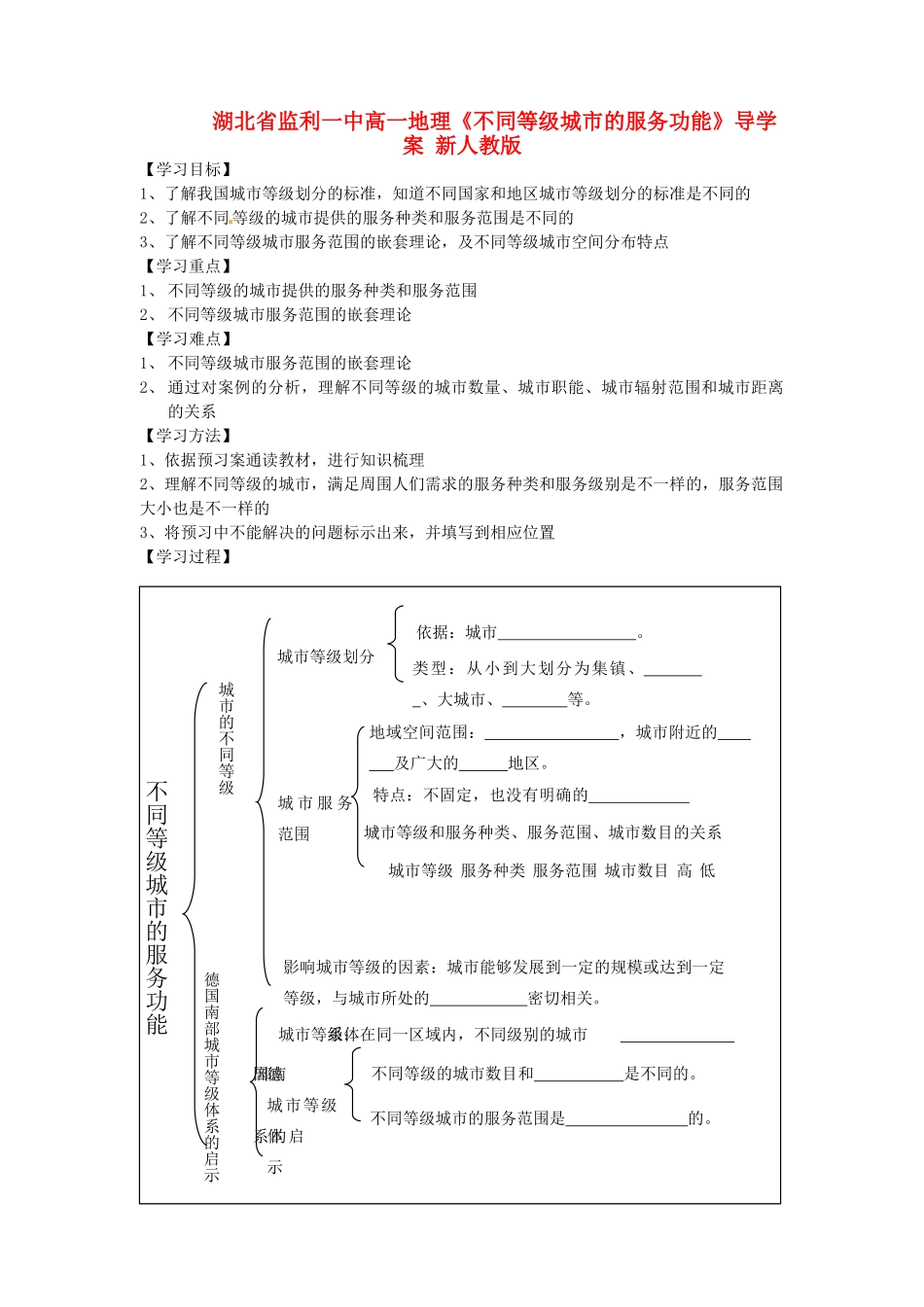 湖北省监利一中高一地理《不同等级城市的服务功能》导学案 新人教版_第1页
