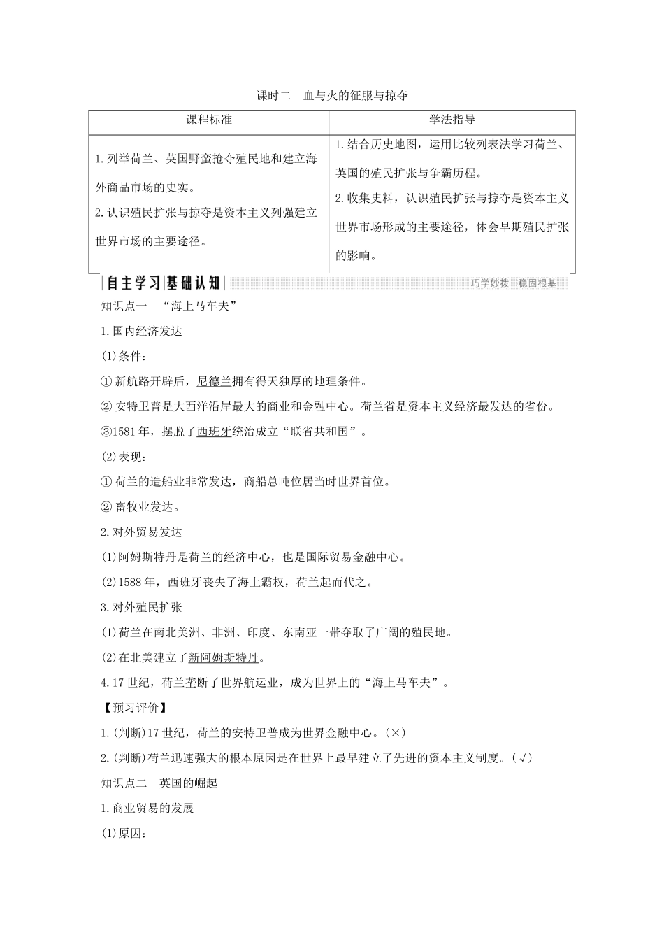 高中历史 专题五 走向世界的资本主义市场 课时二 血与火的征服与掠夺学案 人民版必修2-人民版高一必修2历史学案_第1页