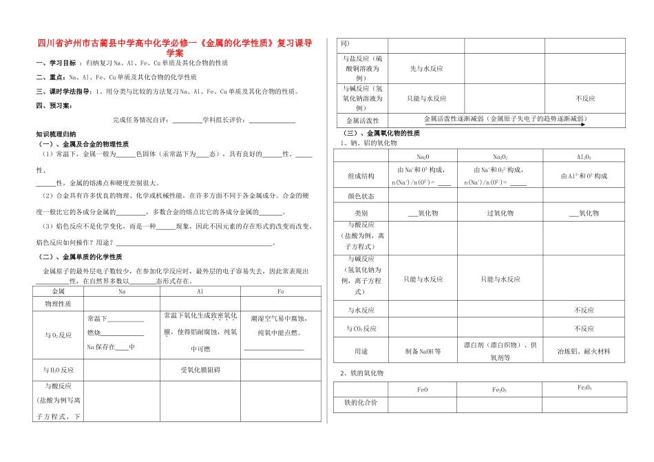 四川省泸州市古蔺县中学高中化学《金属的化学性质》复习课导学案 新人教版必修1_第1页