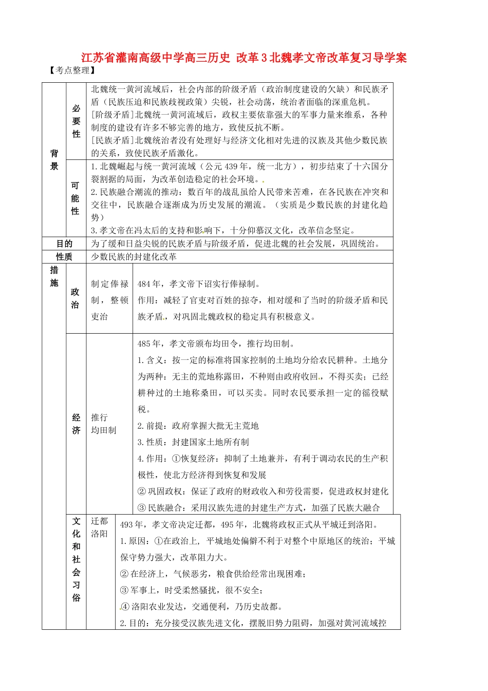 江苏省灌南高级中学高三历史 改革3北魏孝文帝改革复习导学案_第1页