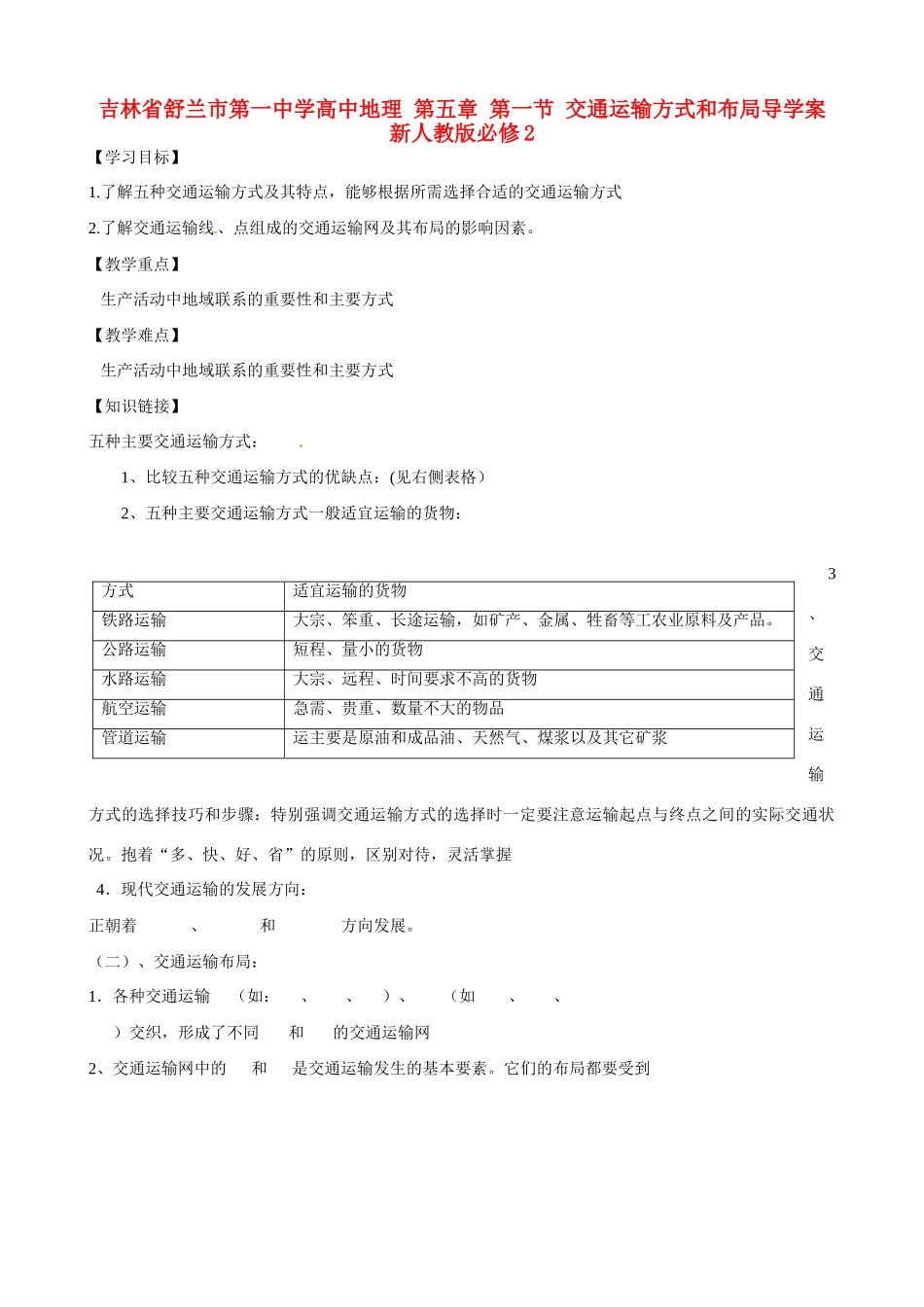 吉林省舒兰市第一中学高中地理 第五章 第一节 交通运输方式和布局导学案 新人教版必修2_第1页
