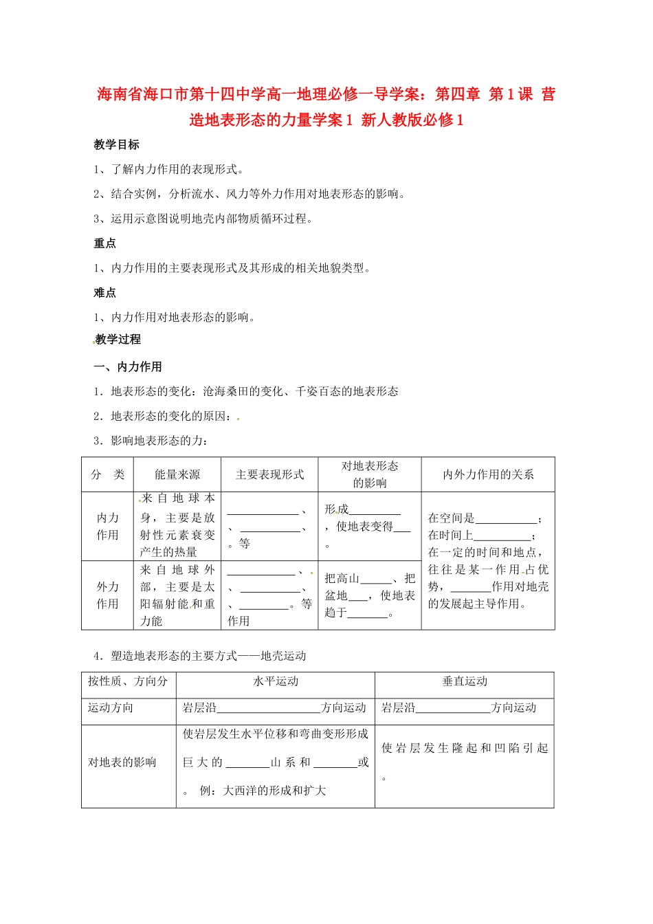 海南省海口市第十四中学高中地理 第四章 第1课 营造地表形态的力量学案1 新人教版必修1_第1页