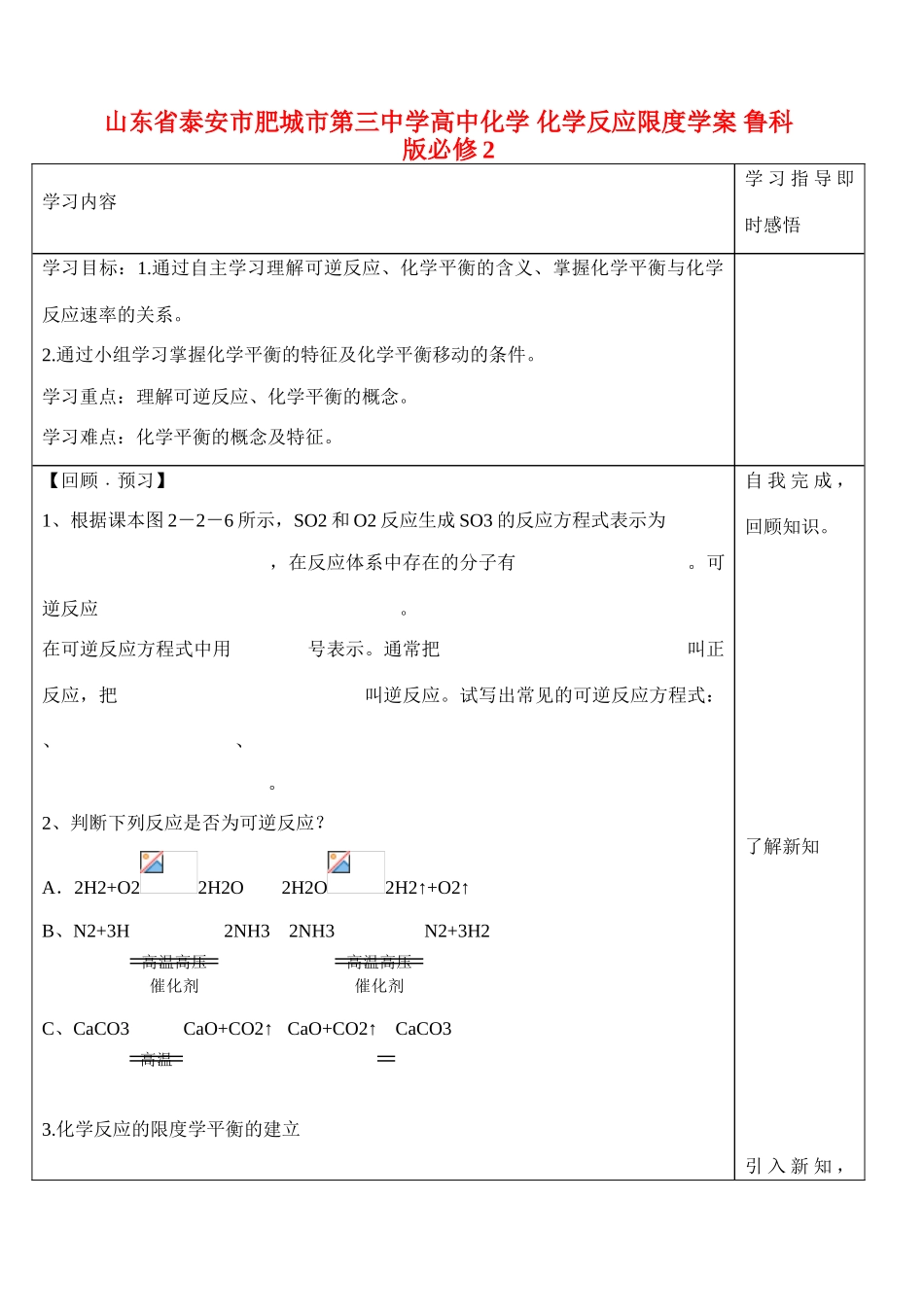 山东省泰安市肥城市第三中学高中化学 化学反应限度学案 鲁科版必修2_第1页