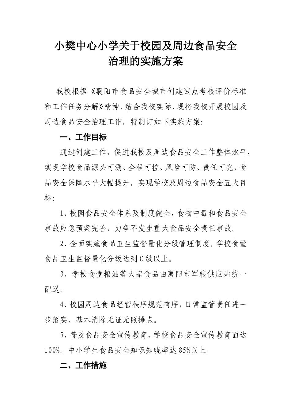 小樊中心小学校园及周边食品安全治理工程实施方案_第1页