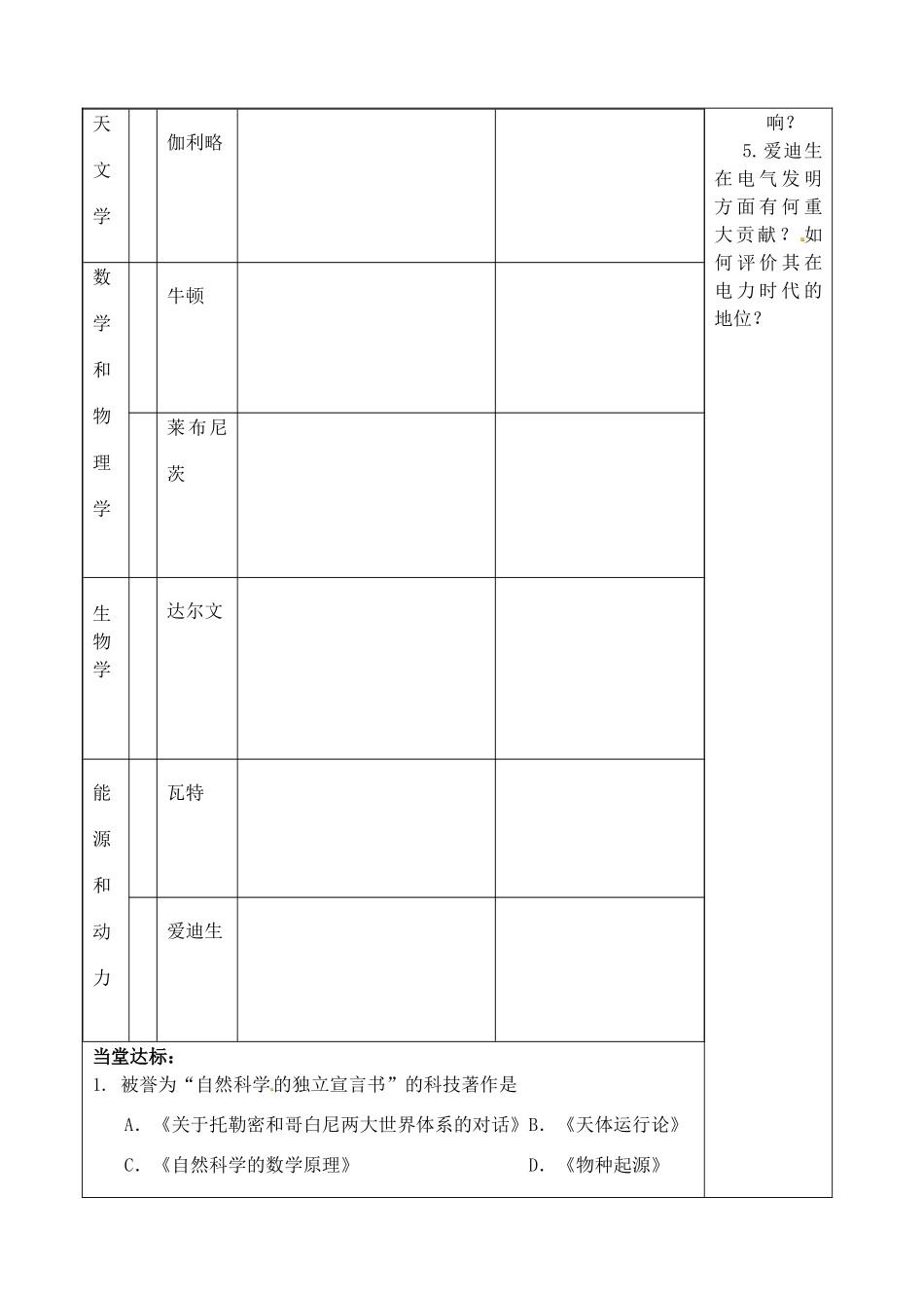 山东省泰安市肥城市第三中学高中历史 近代科学技术革命学案 岳麓版必修3_第2页